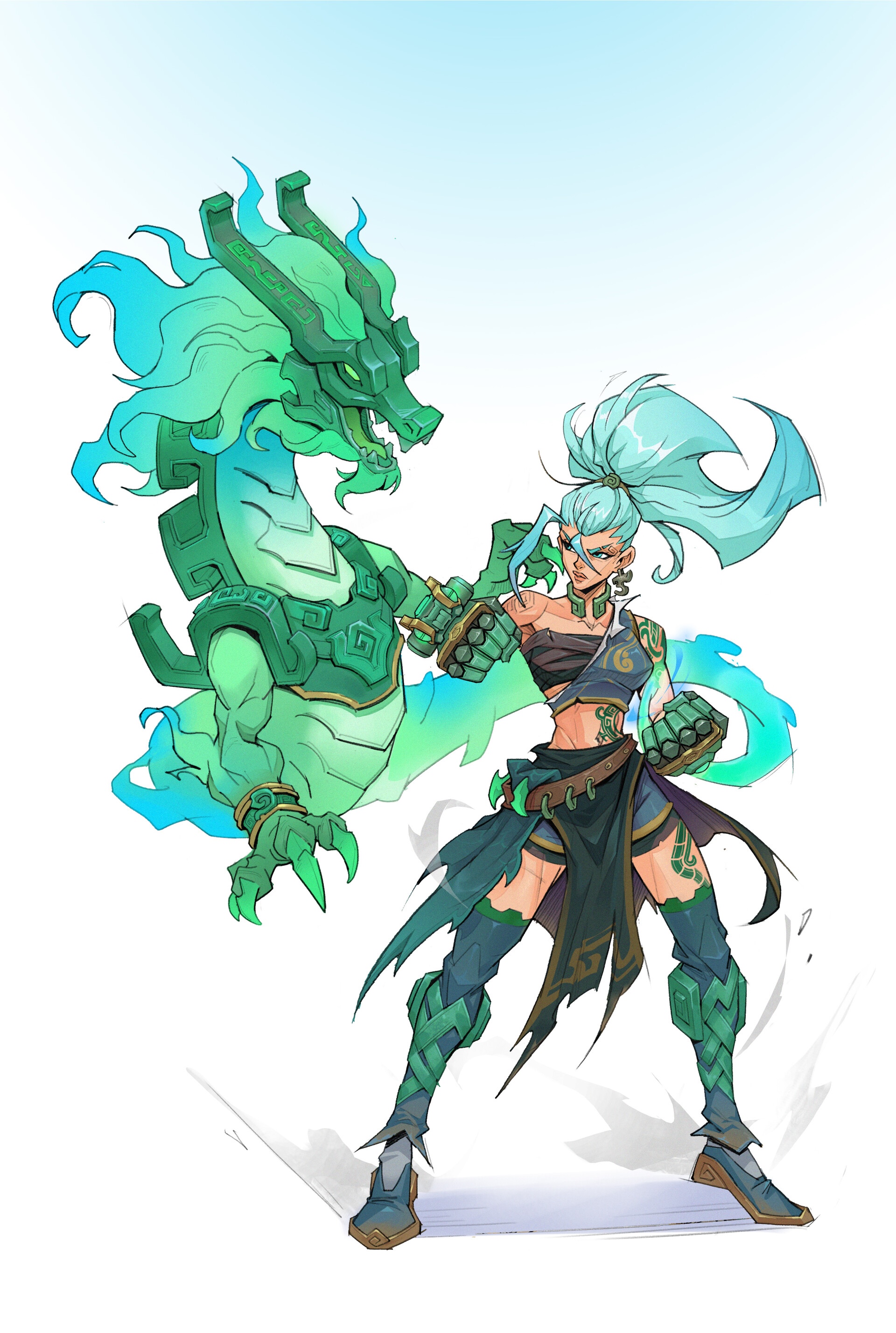 Fantasy girl with a green dragon HD Phone Wallpaper