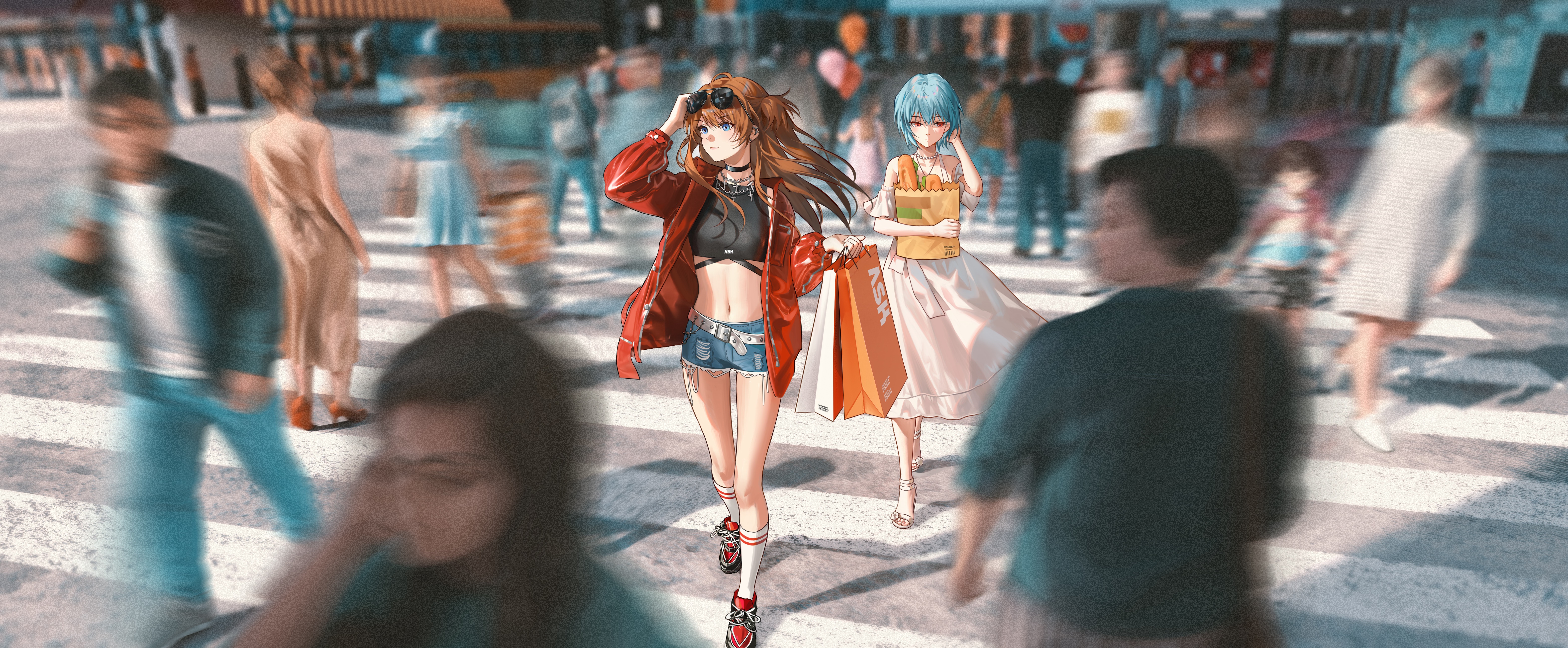 Asuka Langley Soryu and Ayanami Rei shopping HD Wallpaper