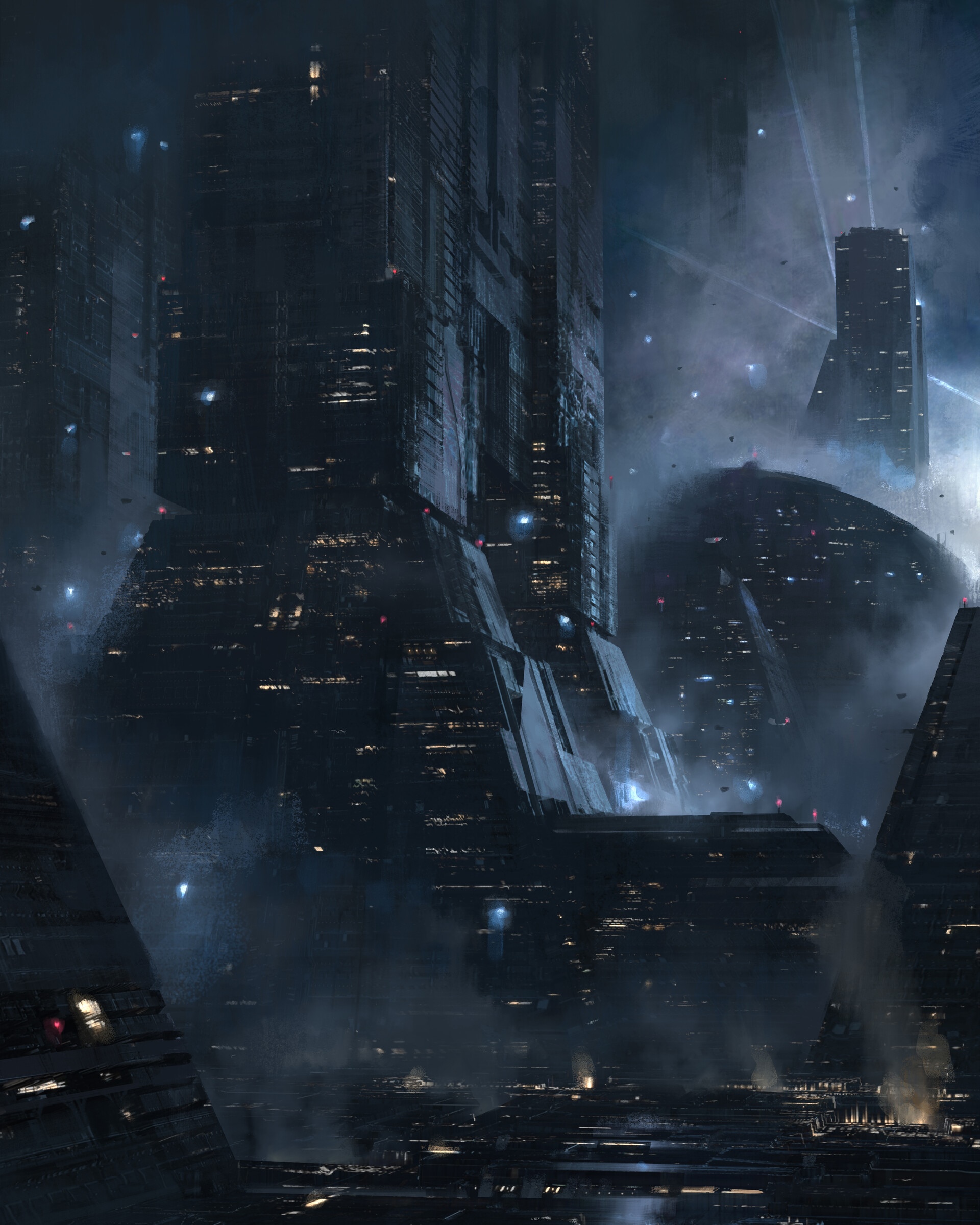 Futuristic city with towering industrial buildings at night HD Phone Wallpaper