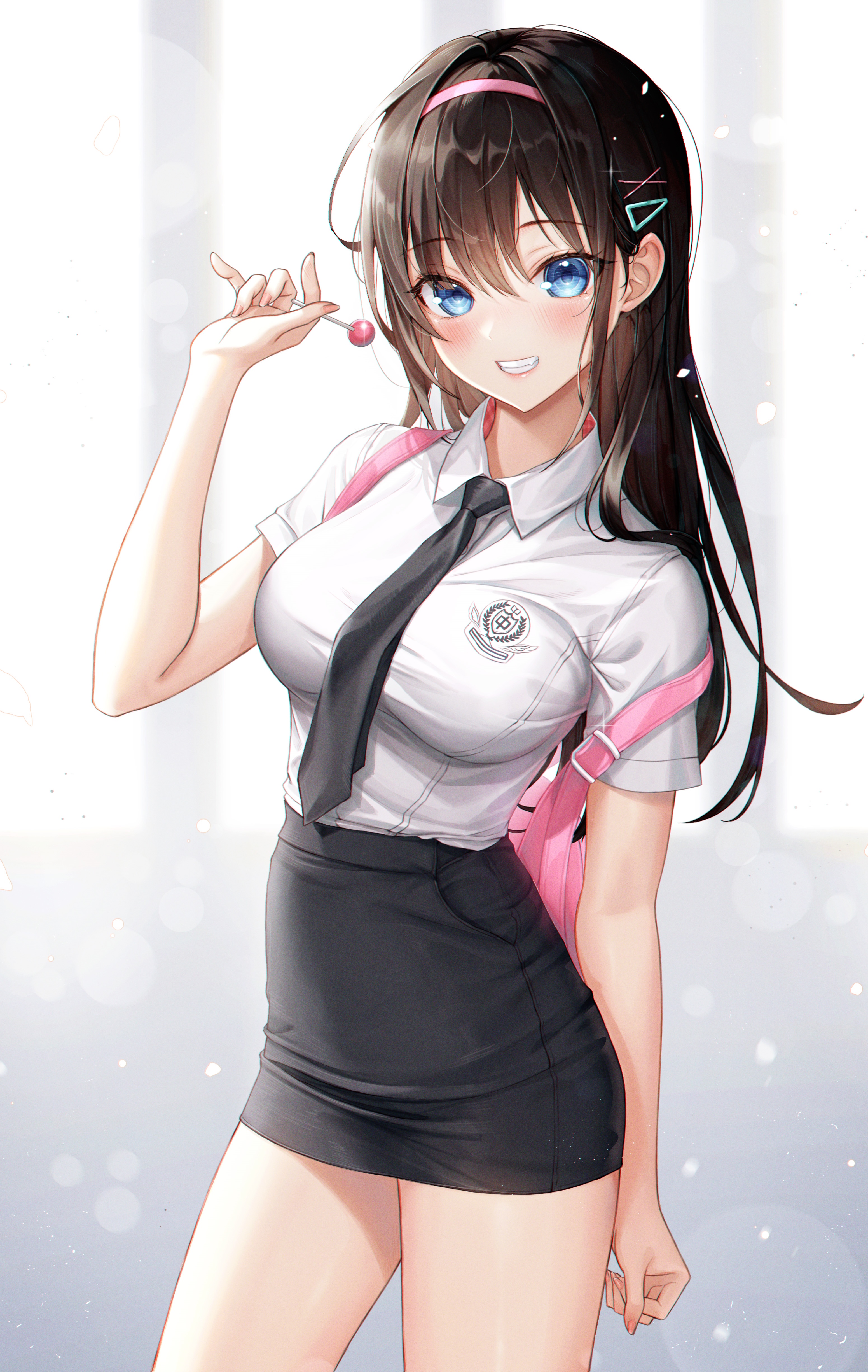 Anime schoolgirl with lollipop and pink backpack HD Phone Wallpaper