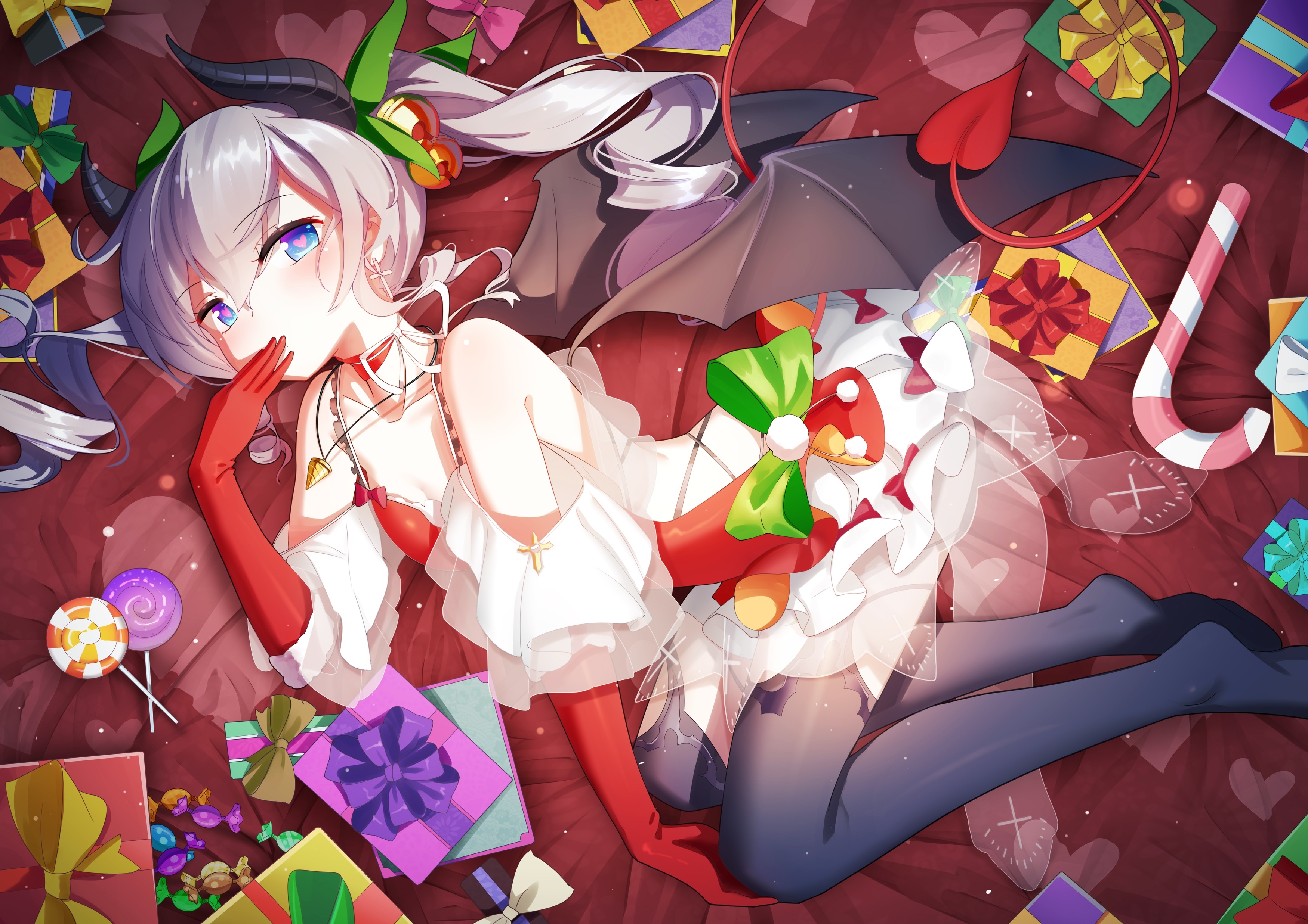 Demon girl with horns and wings surrounded by gifts HD Wallpaper