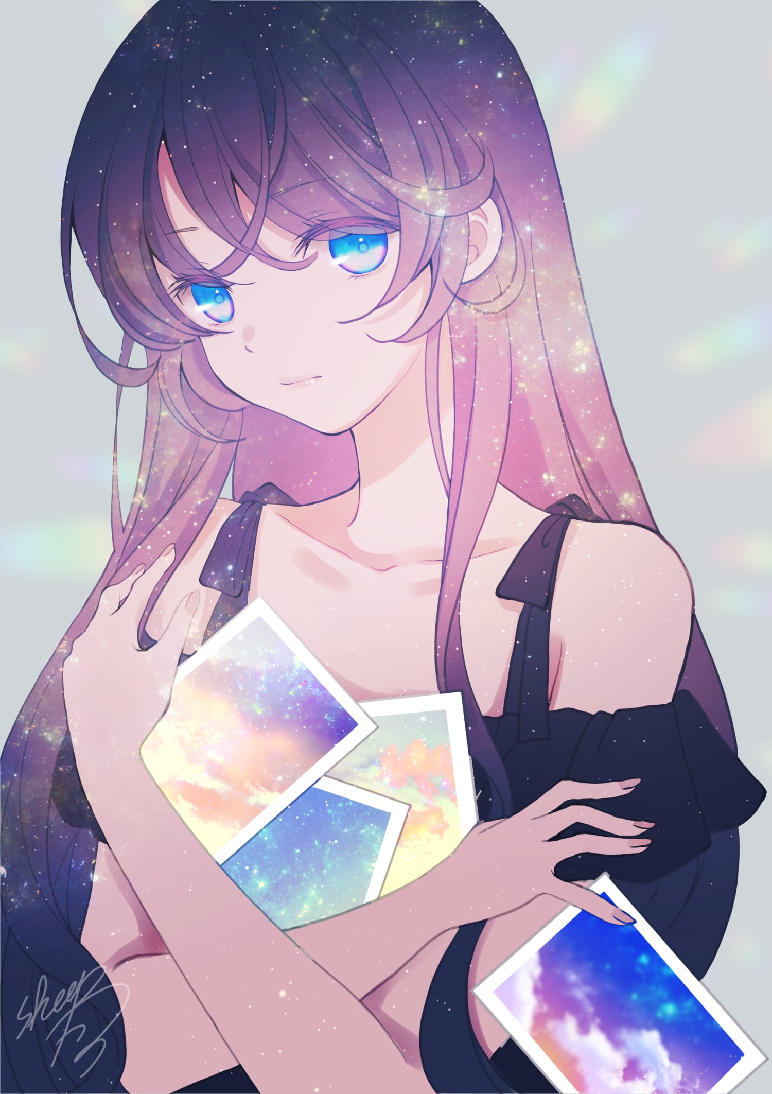 Anime girl with galaxy hair holding photos HD Phone Wallpaper