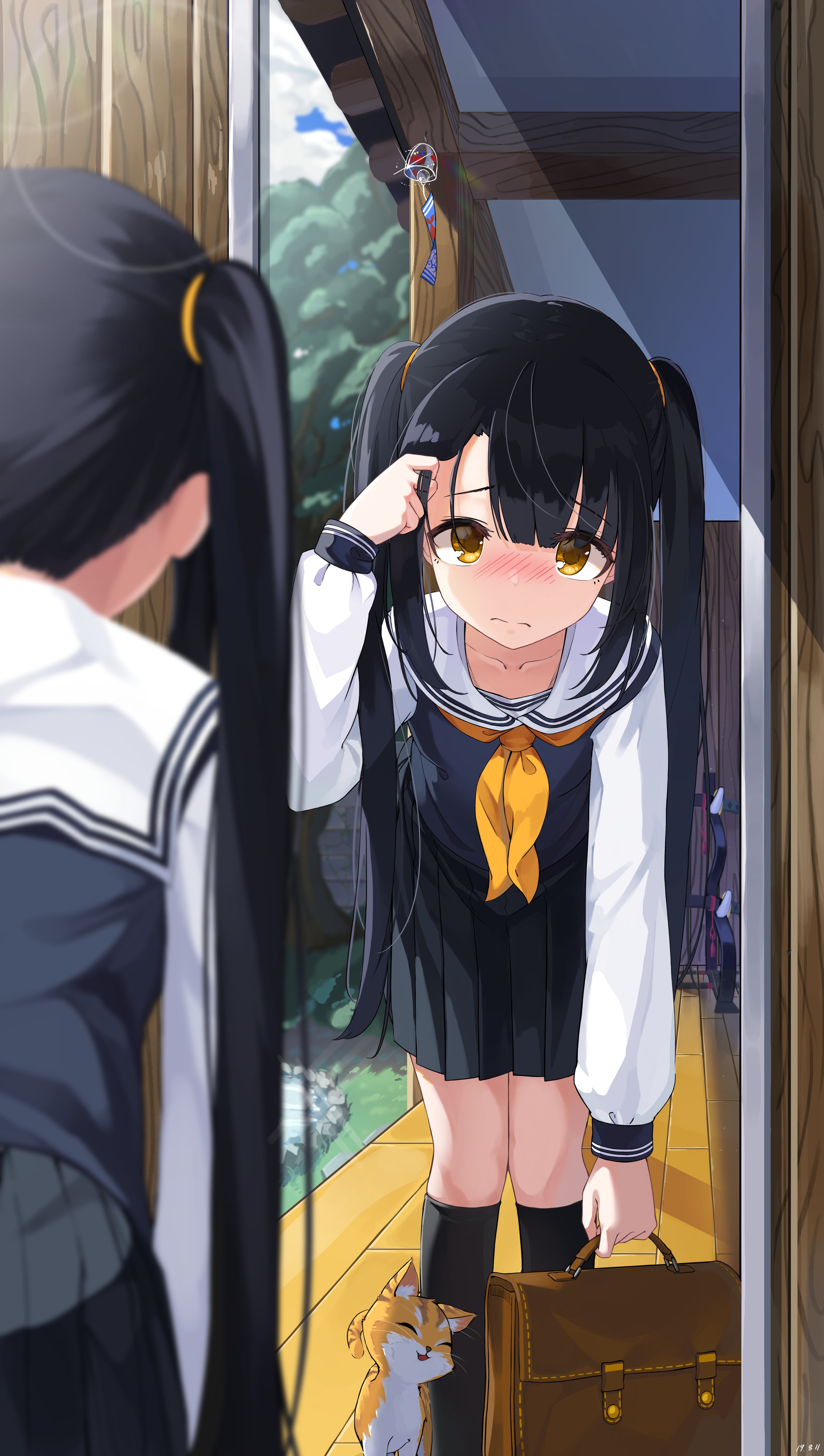 Kimyo in a school uniform with a cat HD Phone Wallpaper