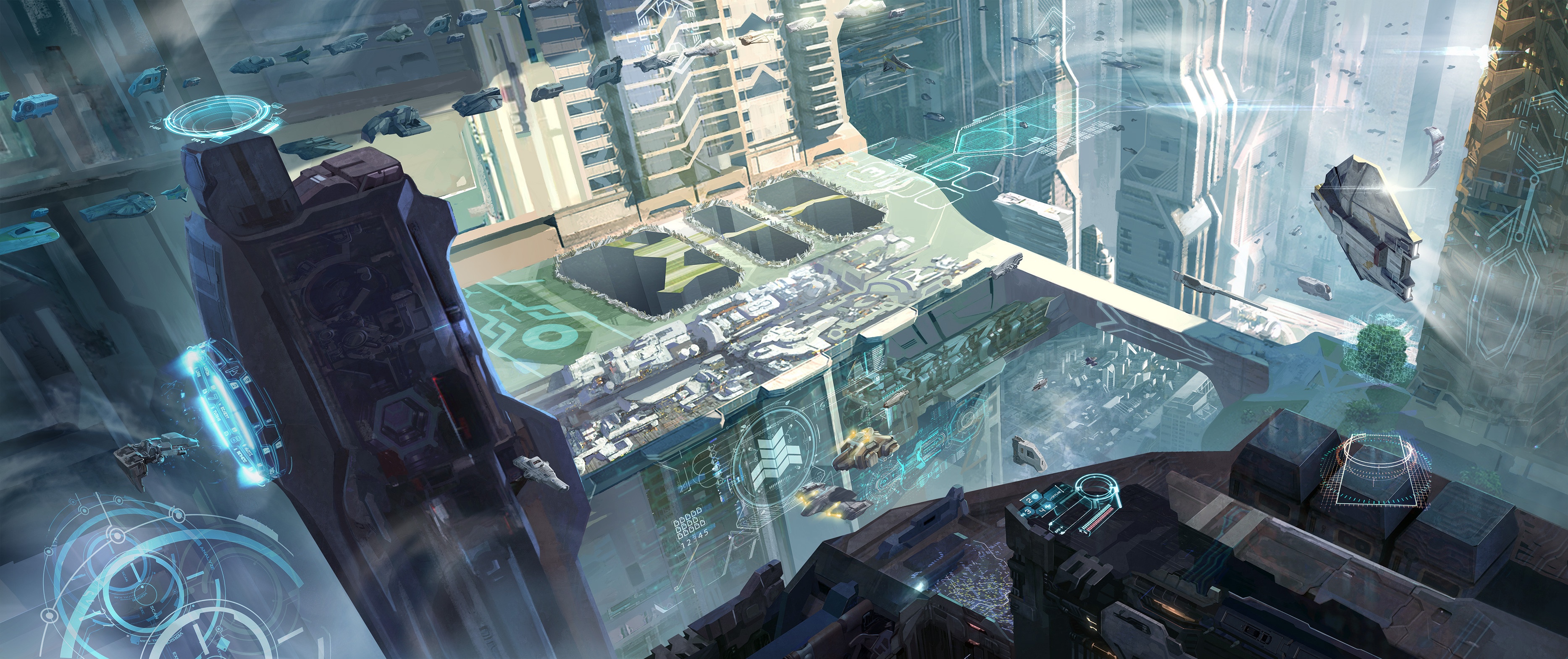 Futuristic city with flying vehicles and advanced architecture HD Wallpaper