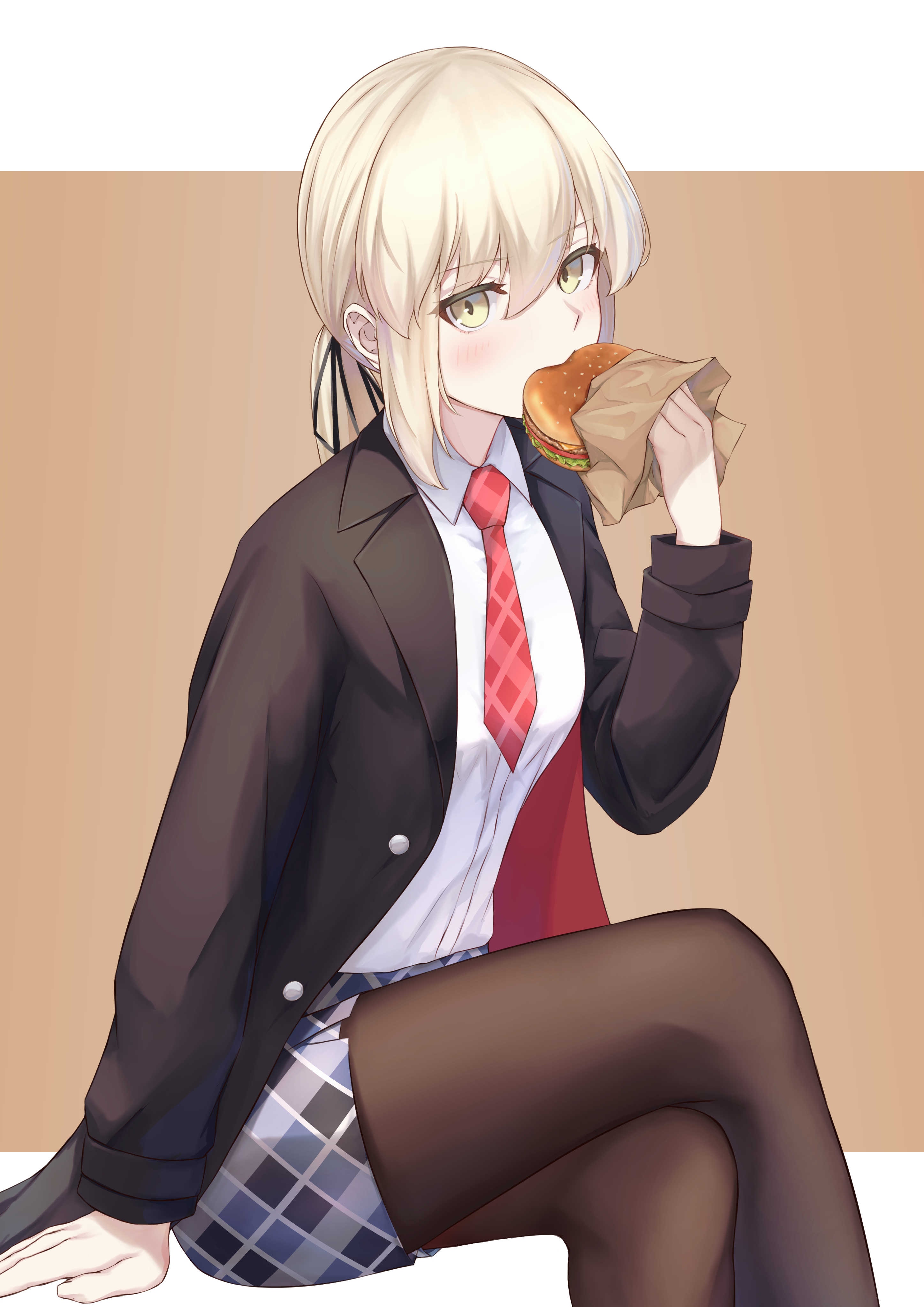 Saber Alter eating a burger in a suit HD Phone Wallpaper