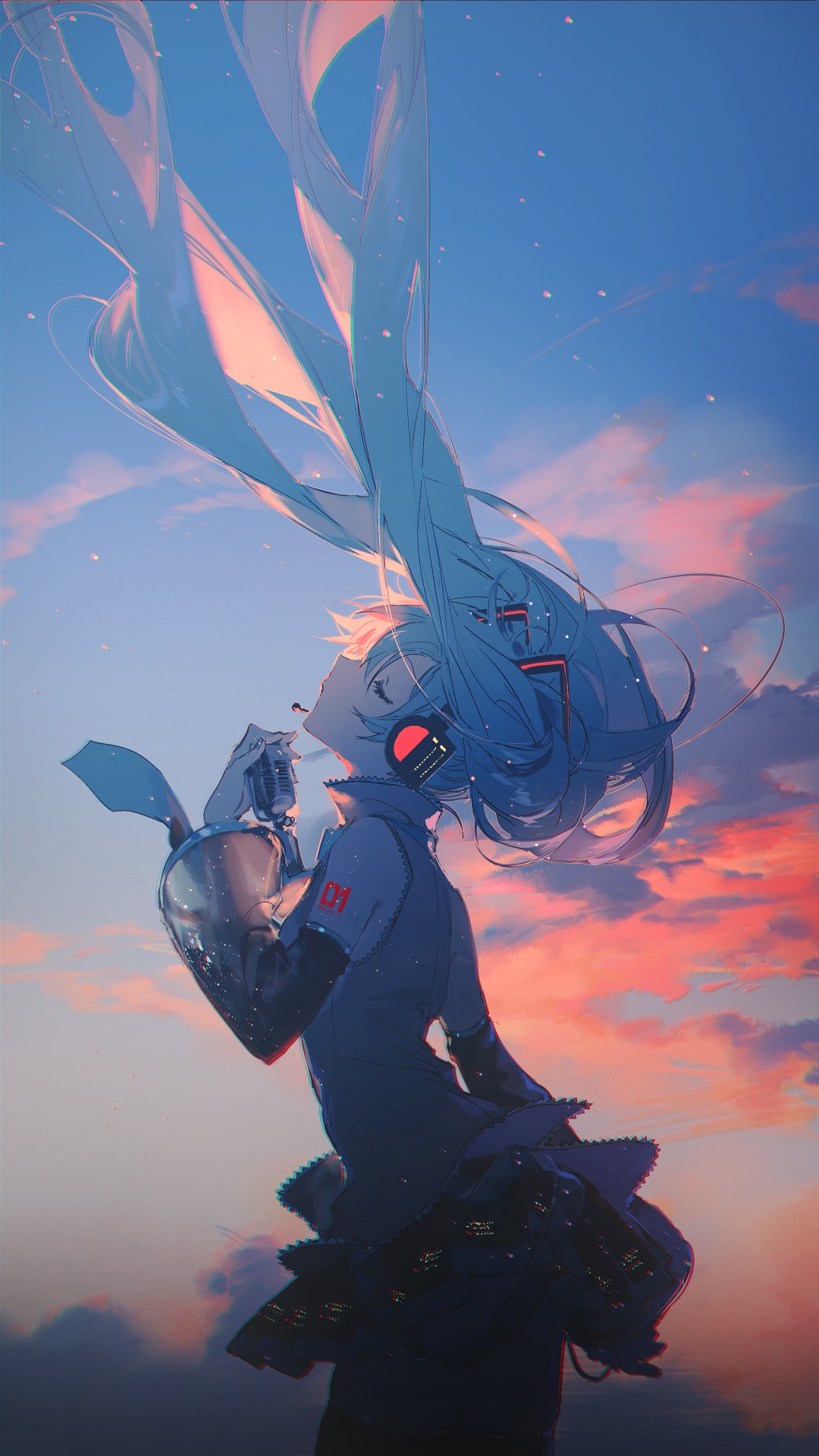 Hatsune Miku Singing into a Microphone at Sunset HD Phone Wallpaper