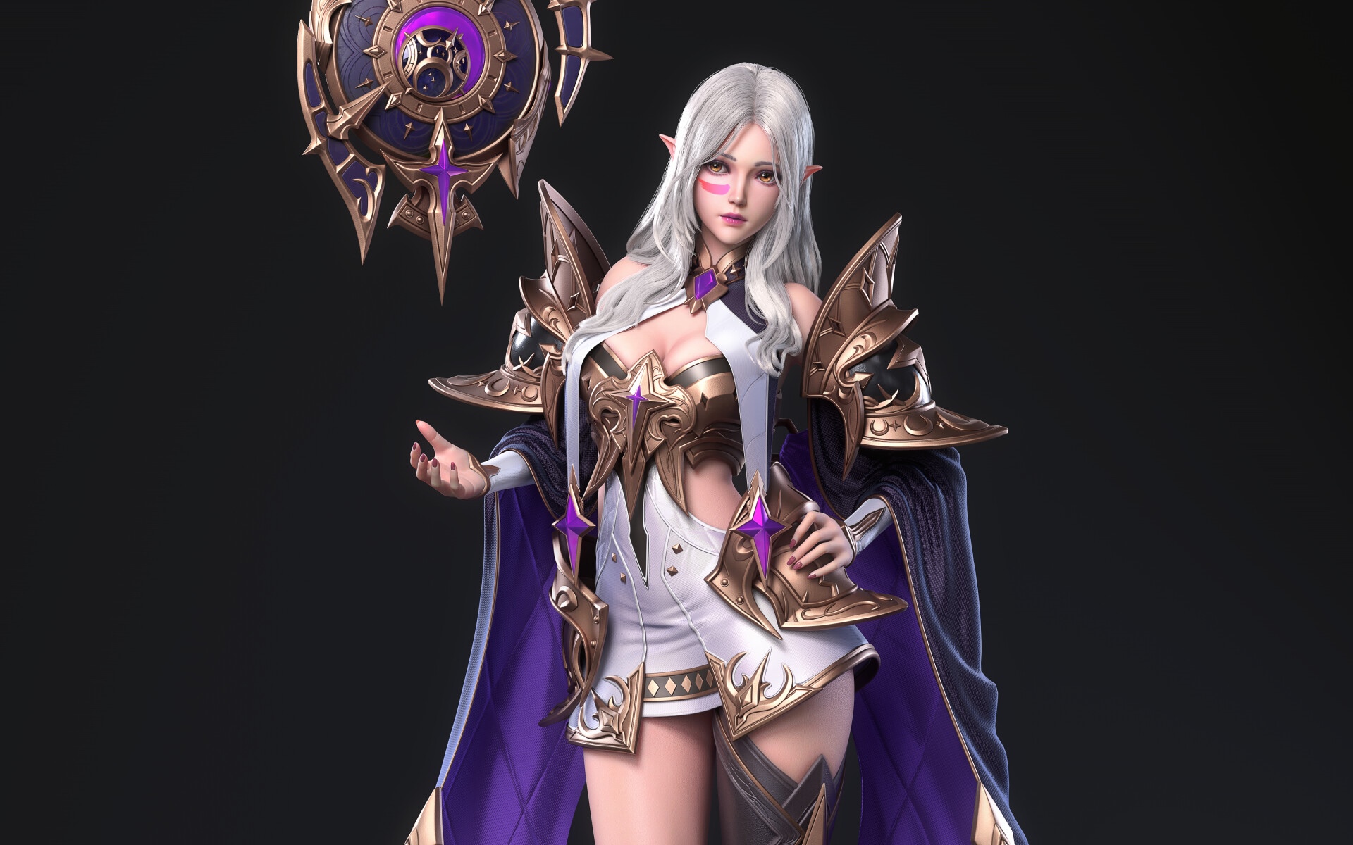 Fantasy Elf Woman with Silver Hair and Purple Mantle HD Wallpaper