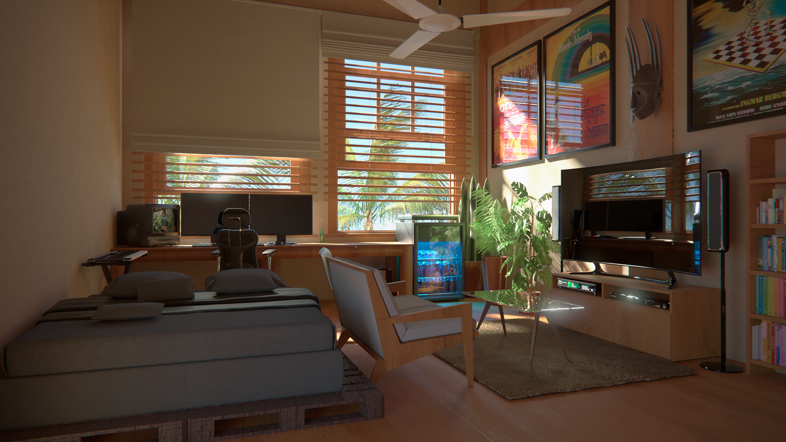Modern room with bed, desk, and entertainment center HD Wallpaper