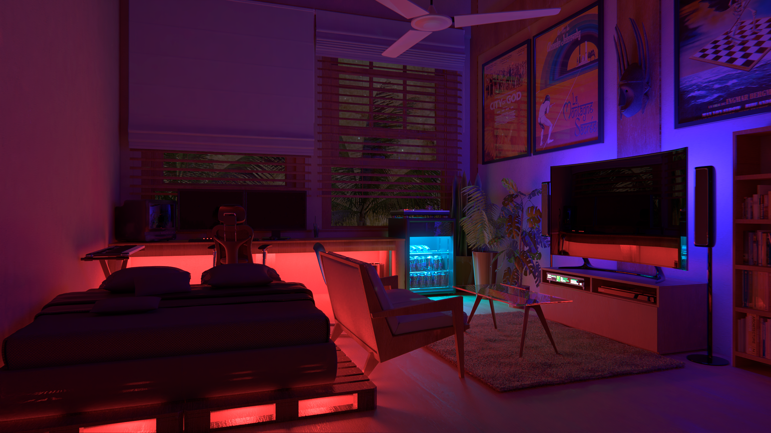 Neon-lit gamer room with bed and TV HD Wallpaper