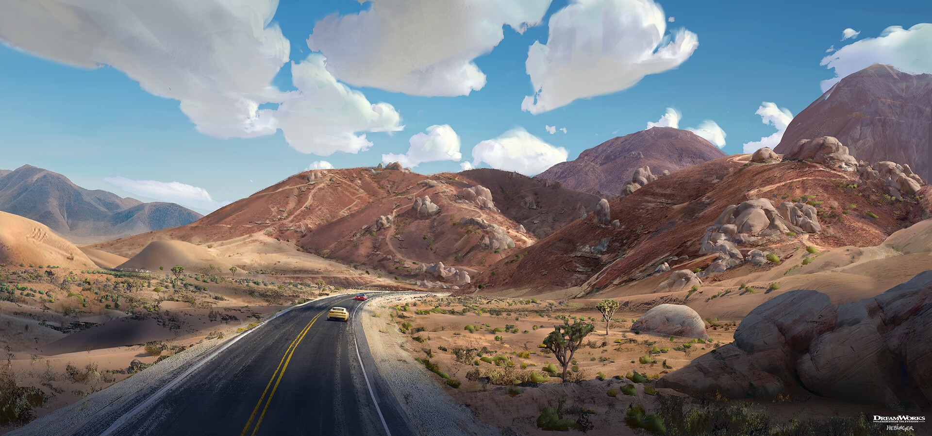 Dreamworks desert landscape with a road and cars HD Wallpaper