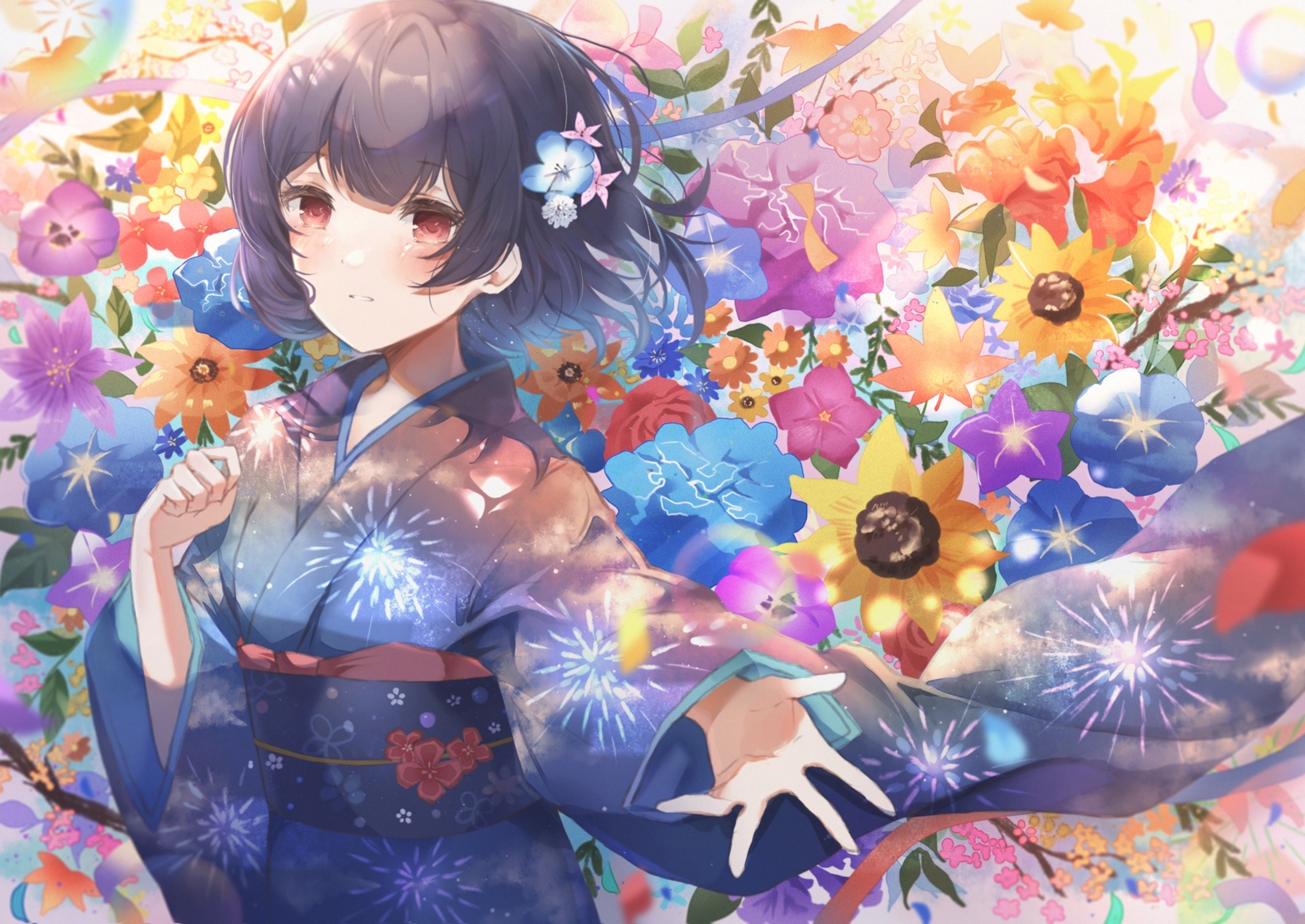 Rinze Morino in a blue yukata with fireworks pattern HD Wallpaper