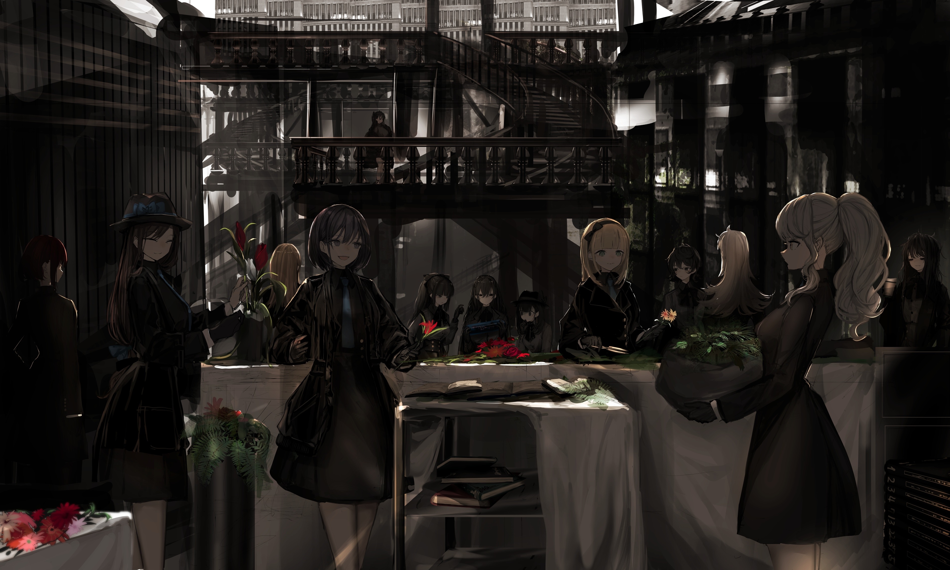 Anime characters in a dimly lit indoor market HD Wallpaper