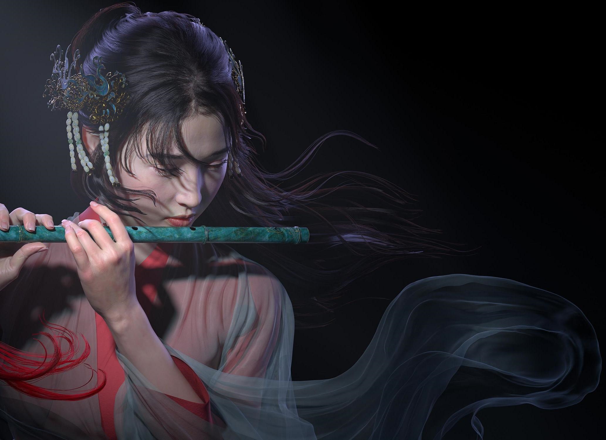 Haidara plays a flute in traditional Asian attire HD Wallpaper