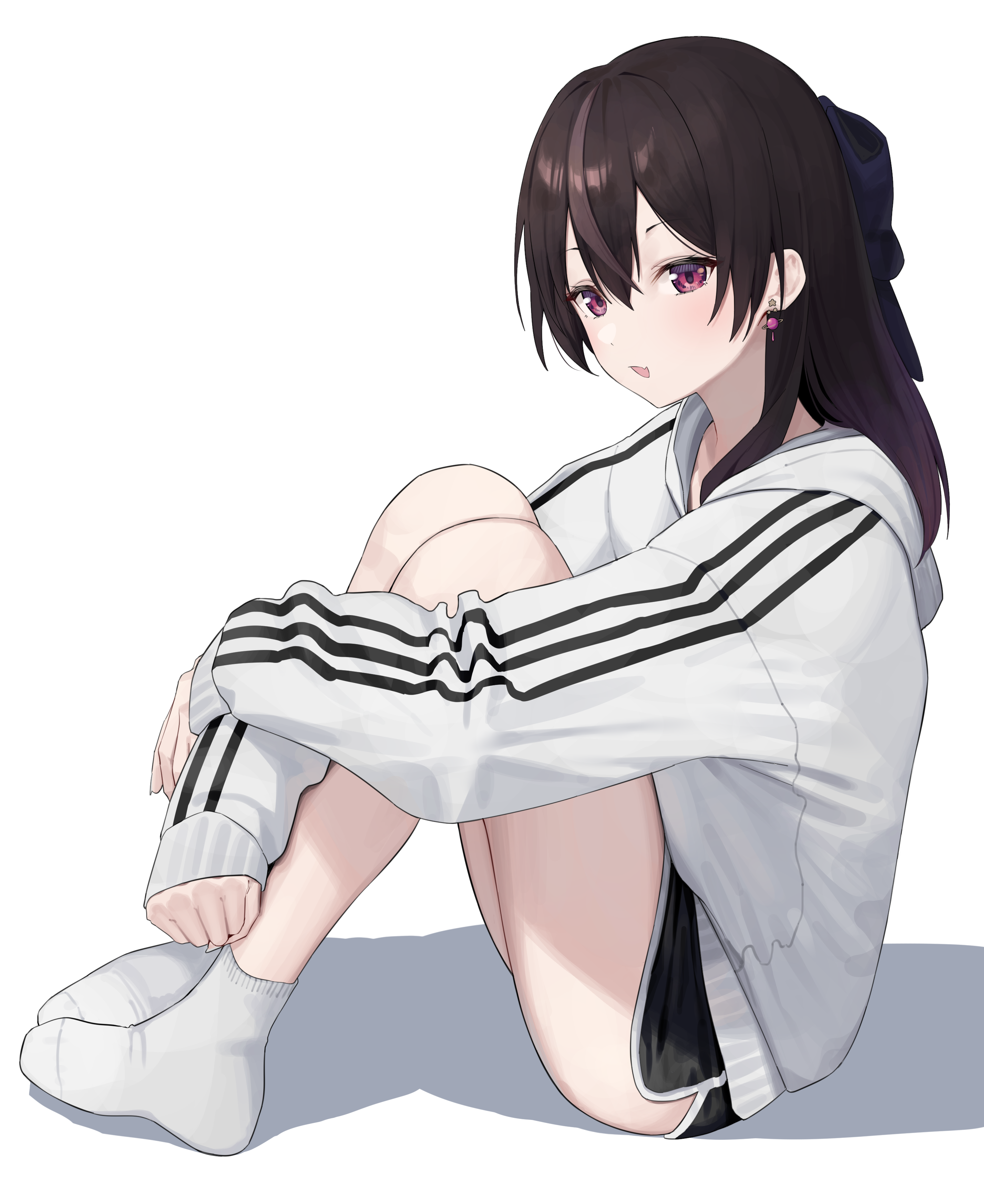 SyHan anime girl with purple eyes wearing hoodie and shorts HD Phone Wallpaper