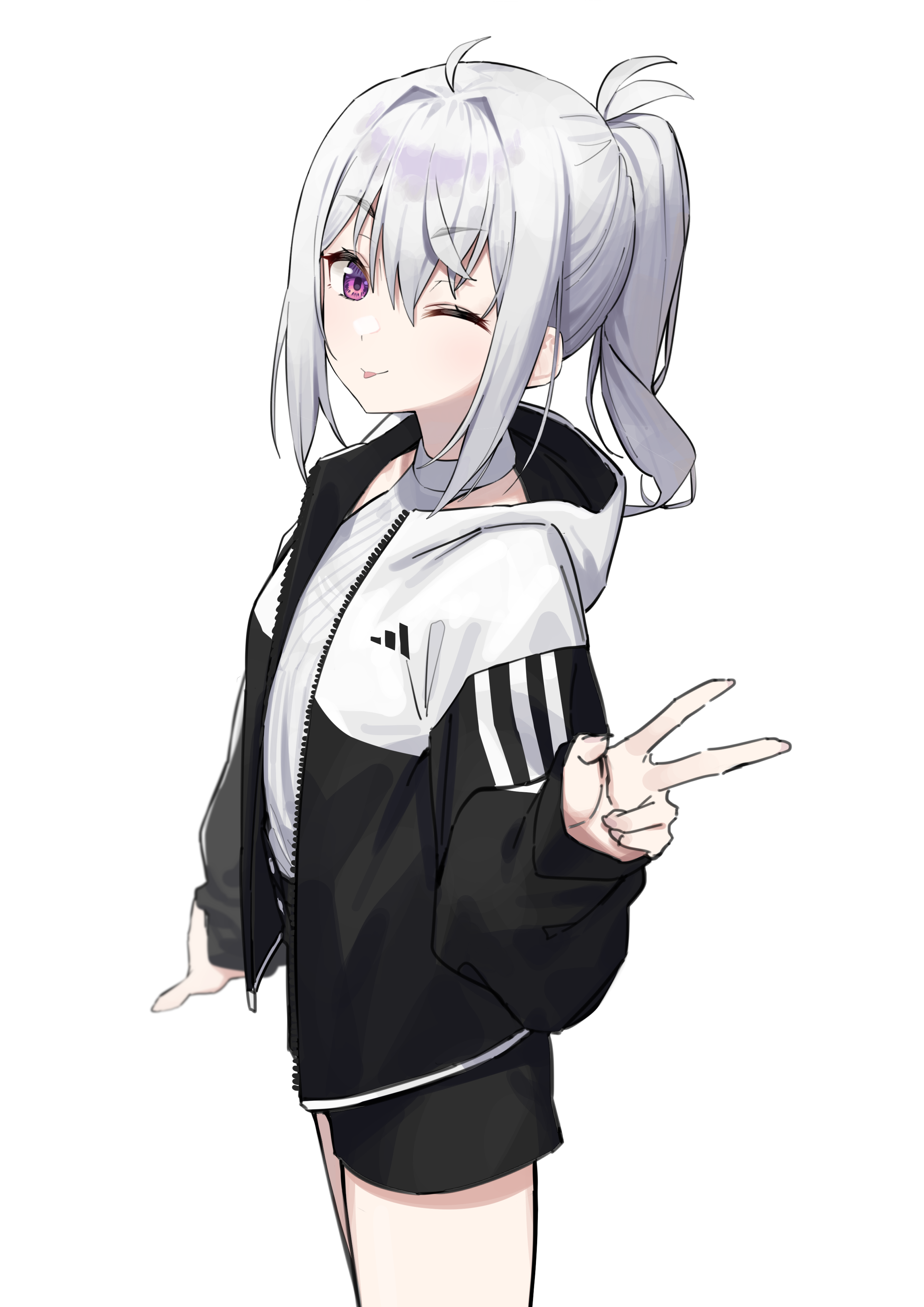 Girl with silver hair and purple eyes doing peace sign HD Phone Wallpaper