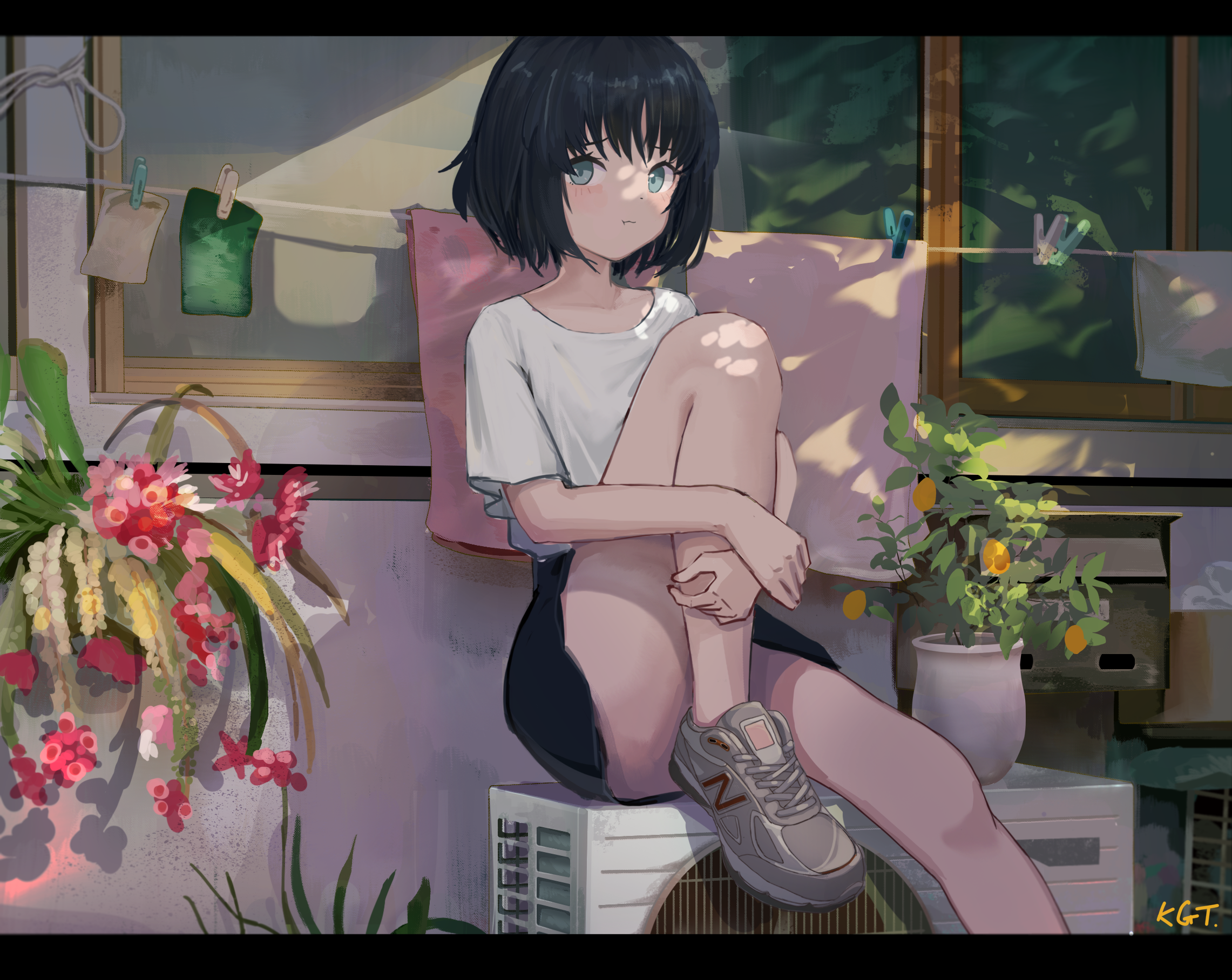 Girl sitting on an air conditioner unit HD Wallpaper