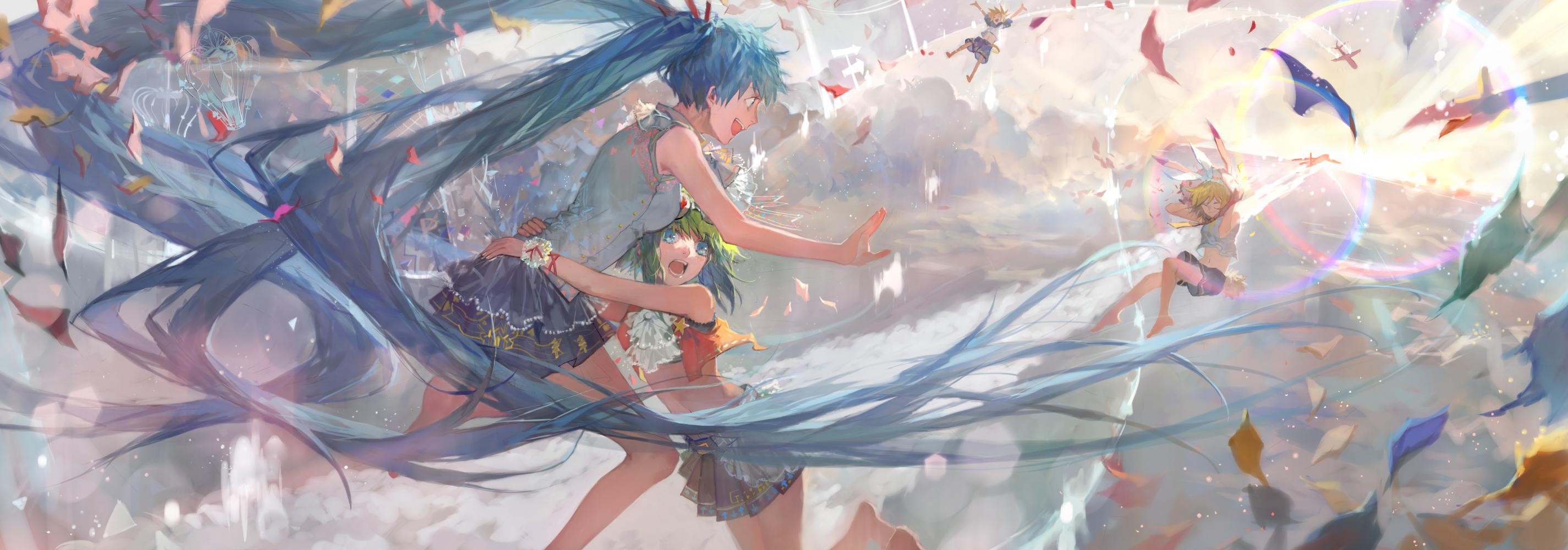 Hatsune Miku, Gumi, Len, and Rin in a sky scene HD Wallpaper