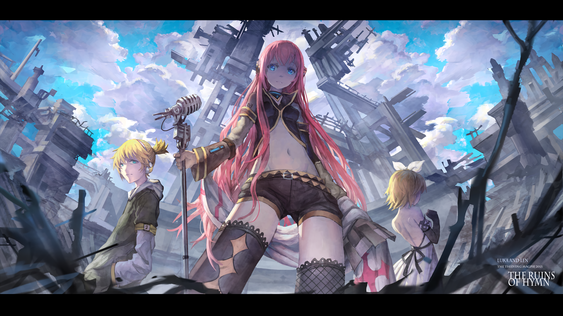 Megurine Luka, Kagamine Len, and Kagamine Rin in ruins HD Wallpaper
