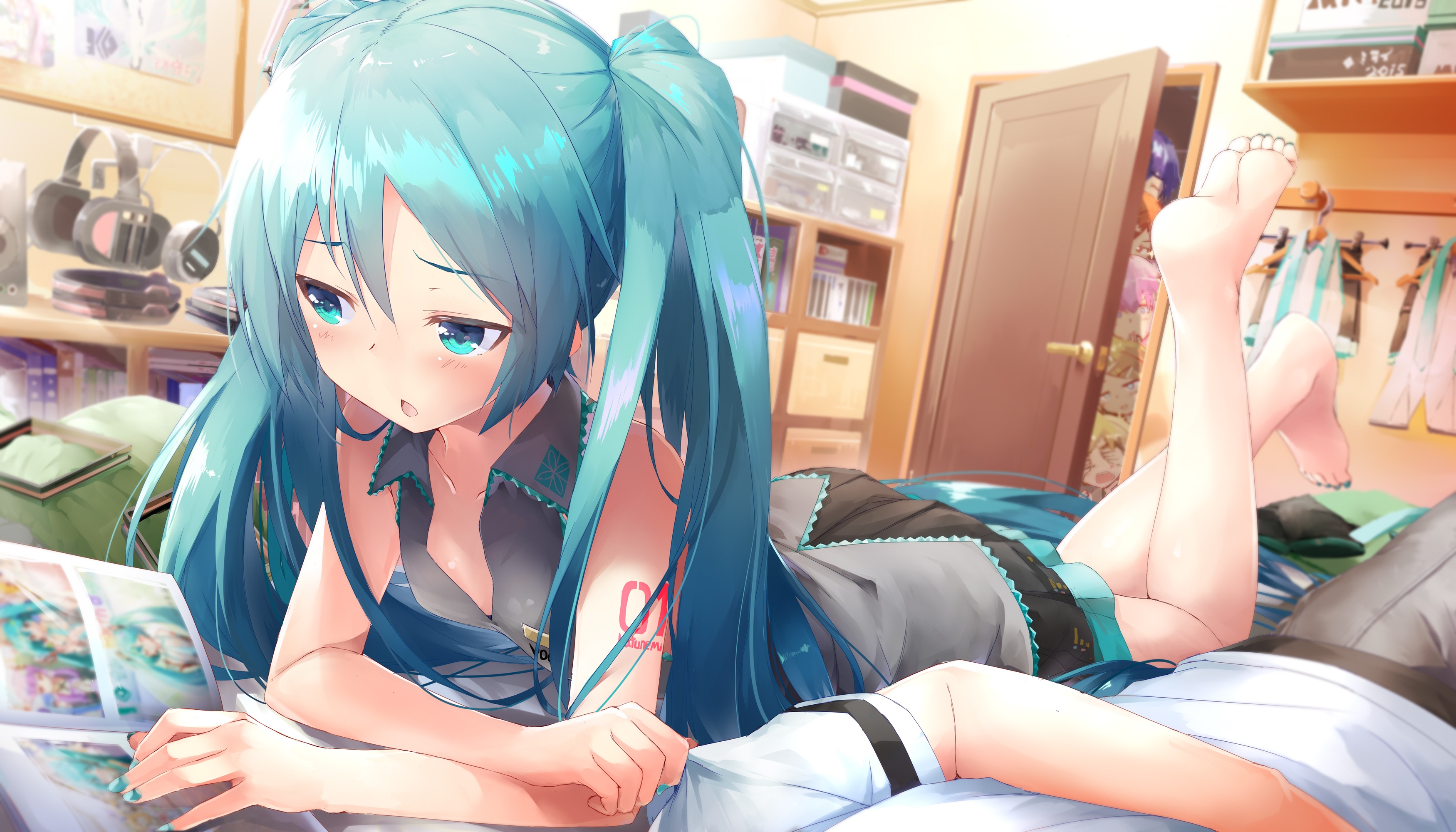 Hatsune Miku lying on a bed reading a book HD Wallpaper