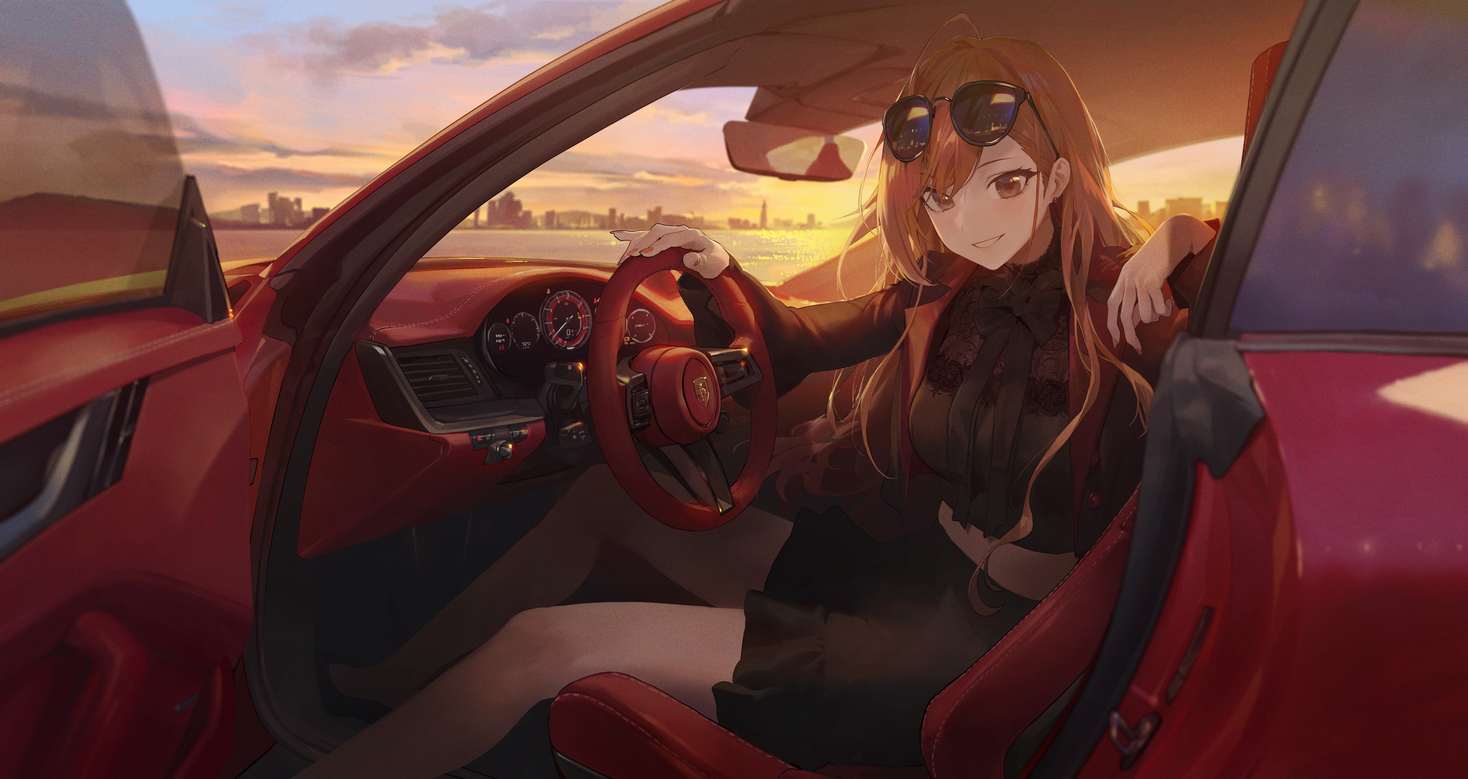 Arisugawa Natsuha in a red car at sunset HD Wallpaper