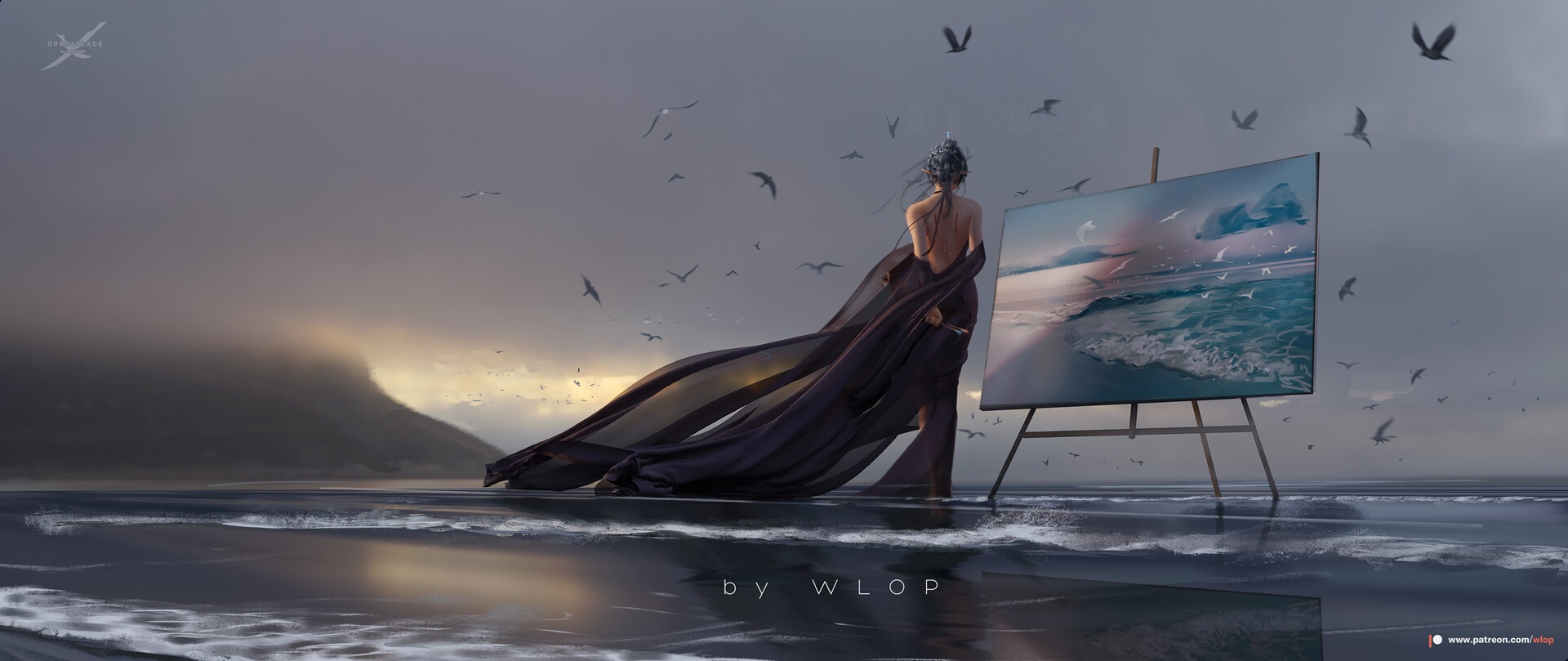 Woman painting a seascape with WLOP HD Wallpaper