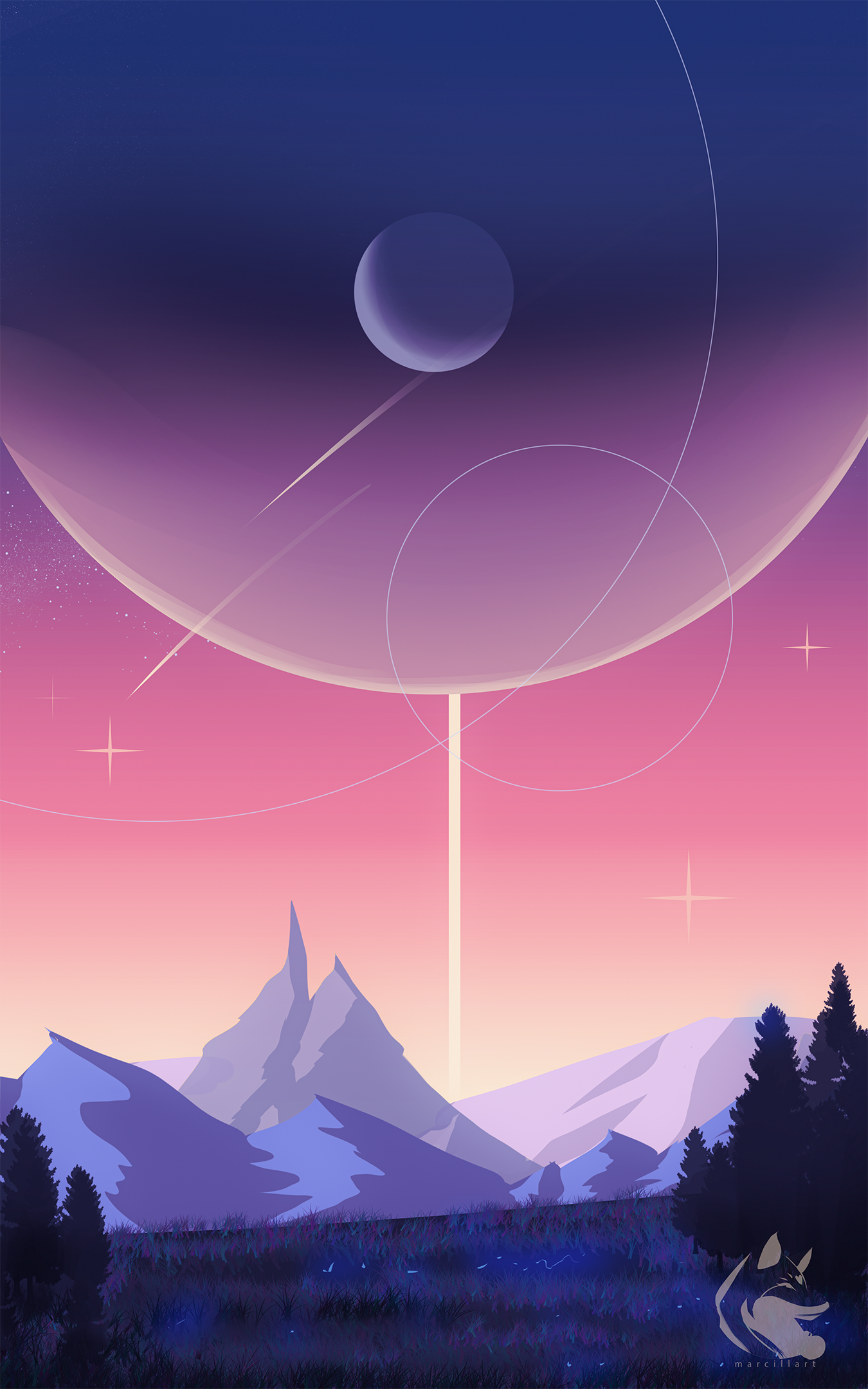Giant planet over mountains with shooting stars HD Phone Wallpaper