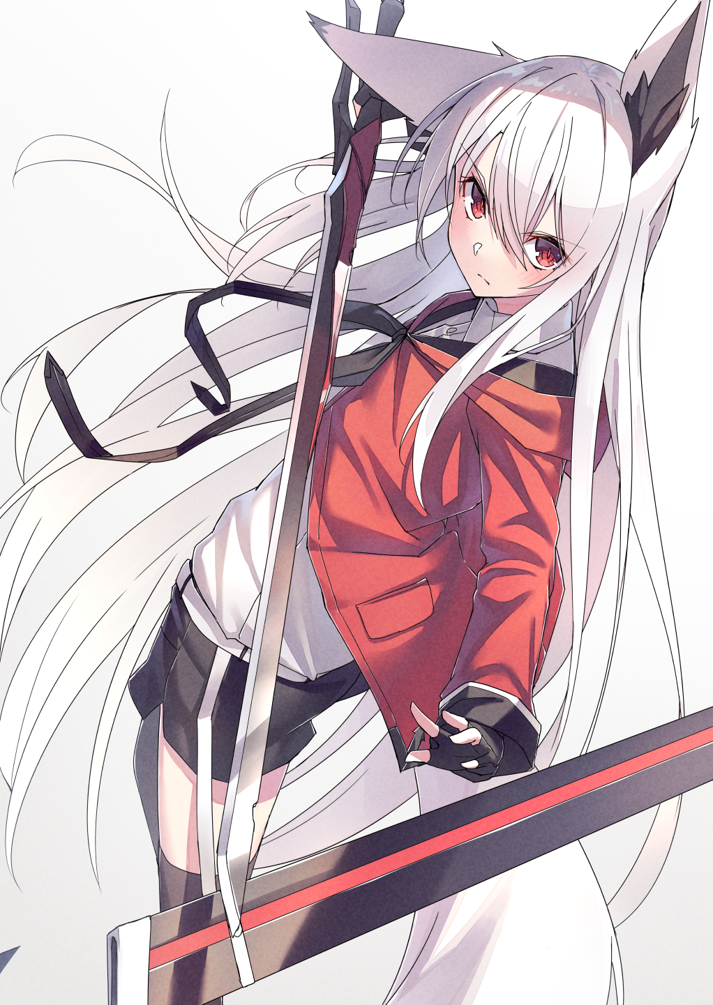 Anime girl with white hair and fox ears holding a sword HD Phone Wallpaper
