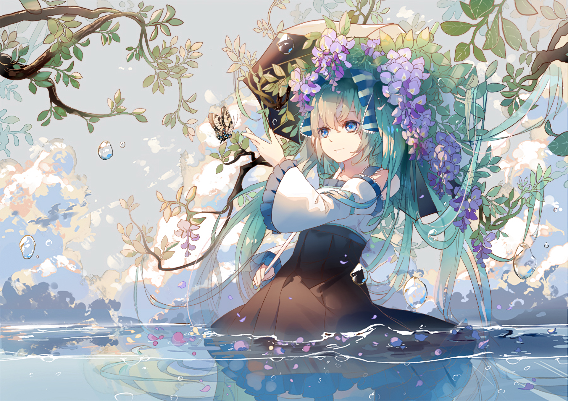 Hatsune Miku surrounded by wisteria and butterflies HD Wallpaper