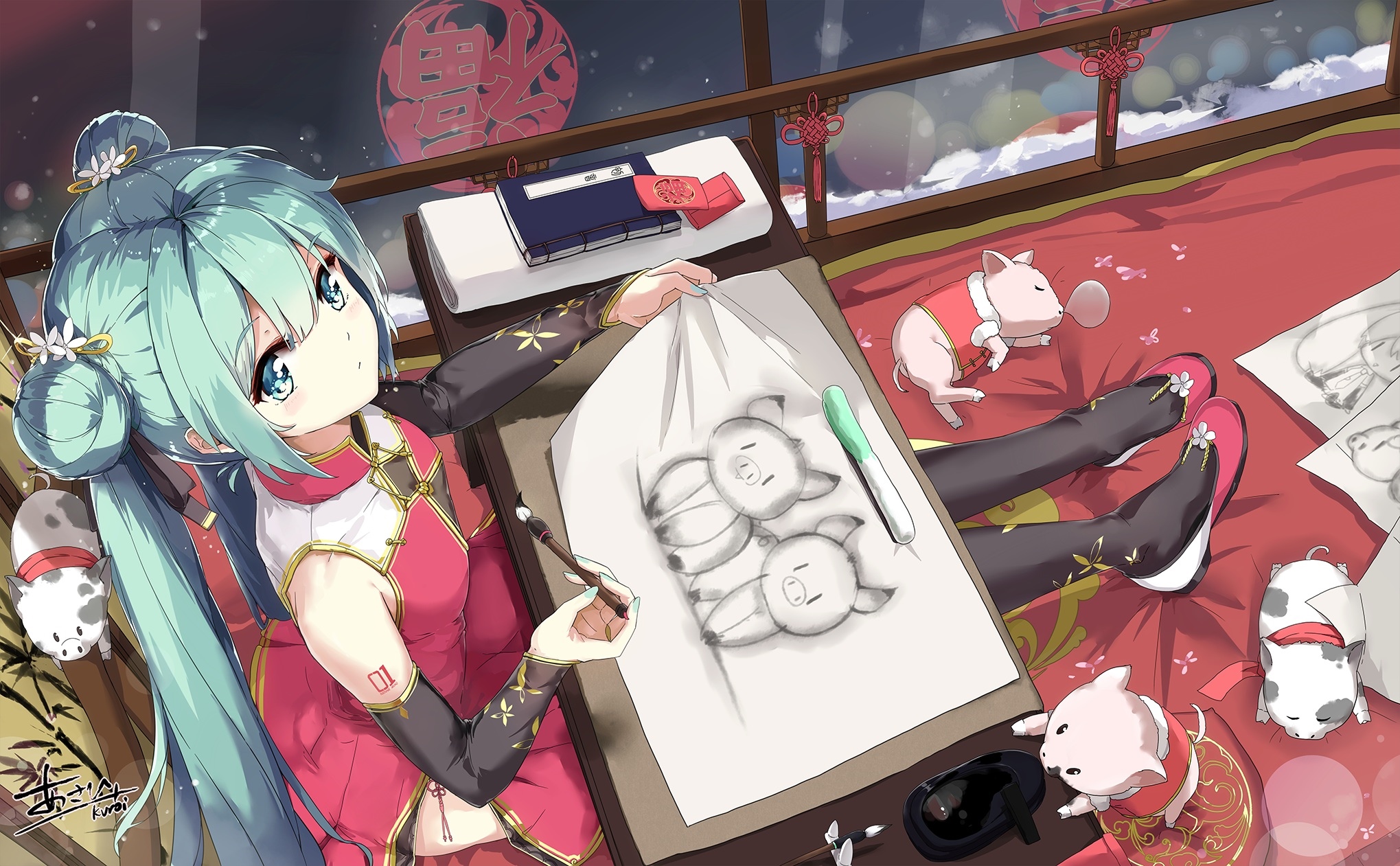 Hatsune Miku drawing pigs in traditional Chinese attire HD Wallpaper