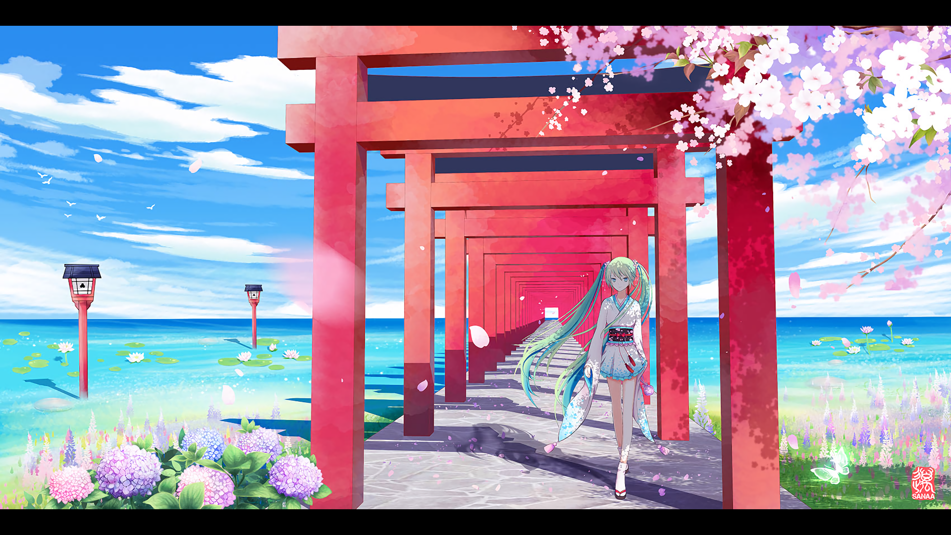 Hatsune Miku walks through a torii gate path by the sea HD Wallpaper