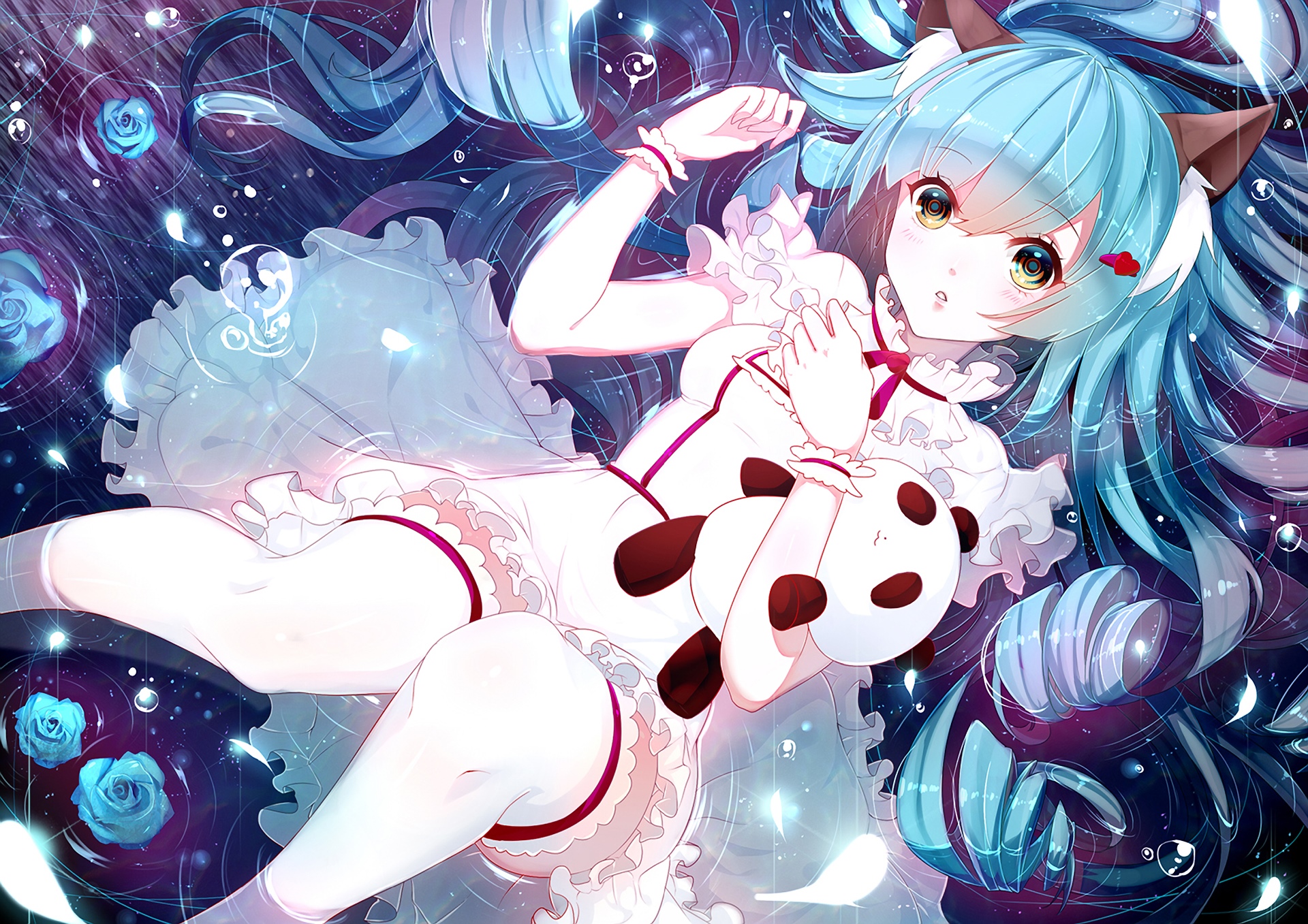 Anime girl with blue hair and cat ears holding a panda plush HD Wallpaper