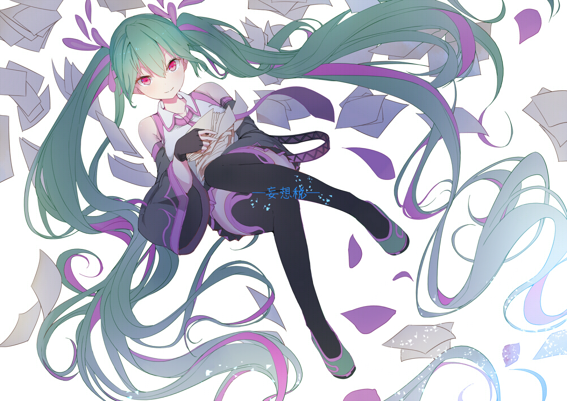 Hatsune Miku floating among papers and purple petals HD Wallpaper