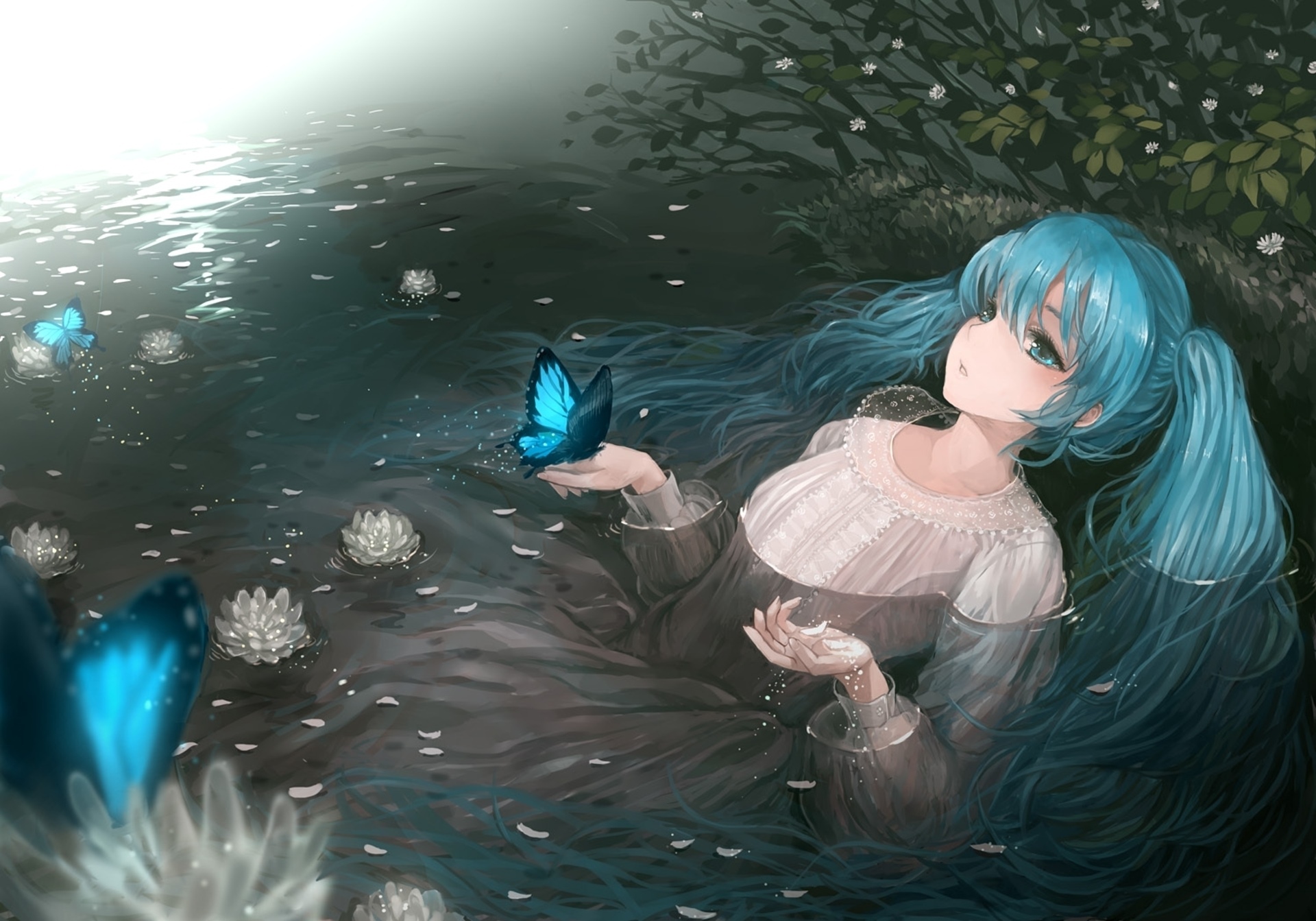 Hatsune Miku with Blue Butterflies in Water HD Wallpaper