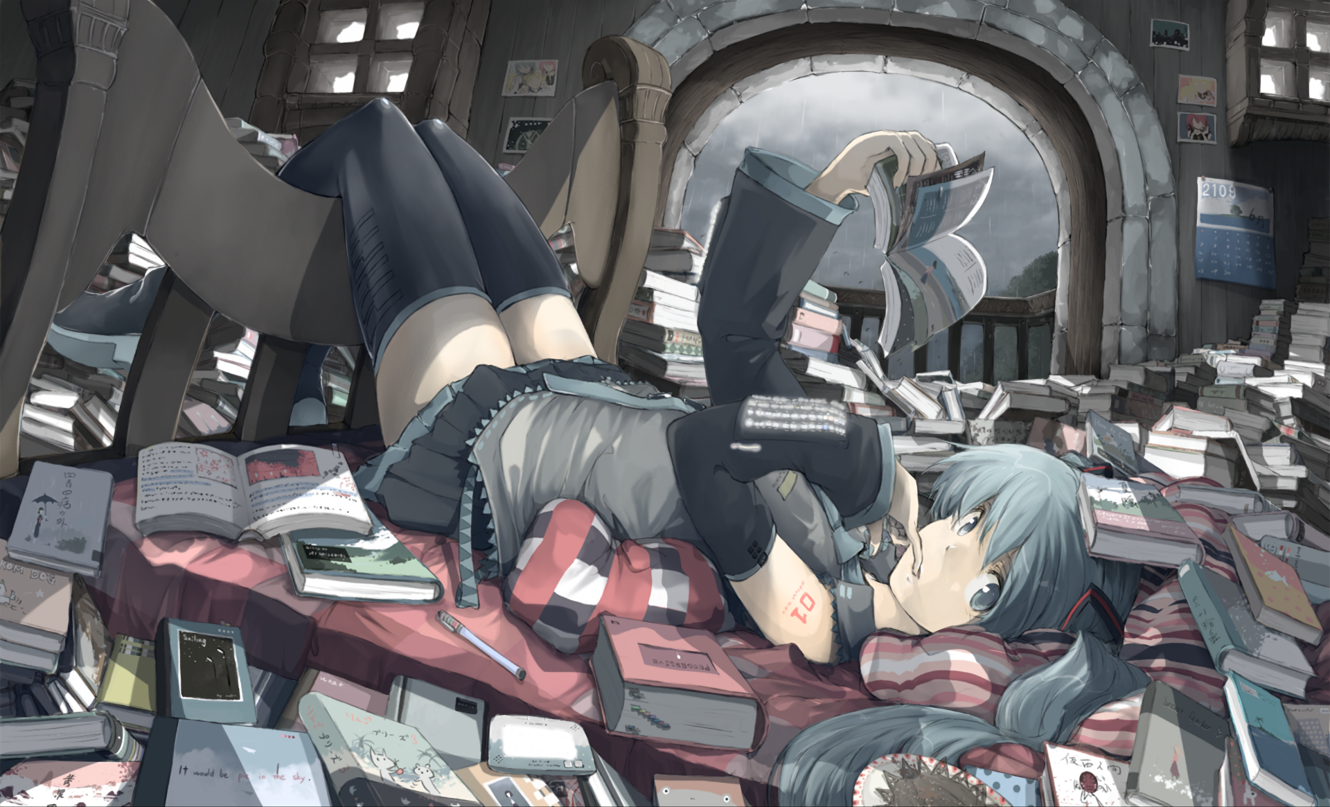 Hatsune Miku surrounded by books in a room HD Wallpaper