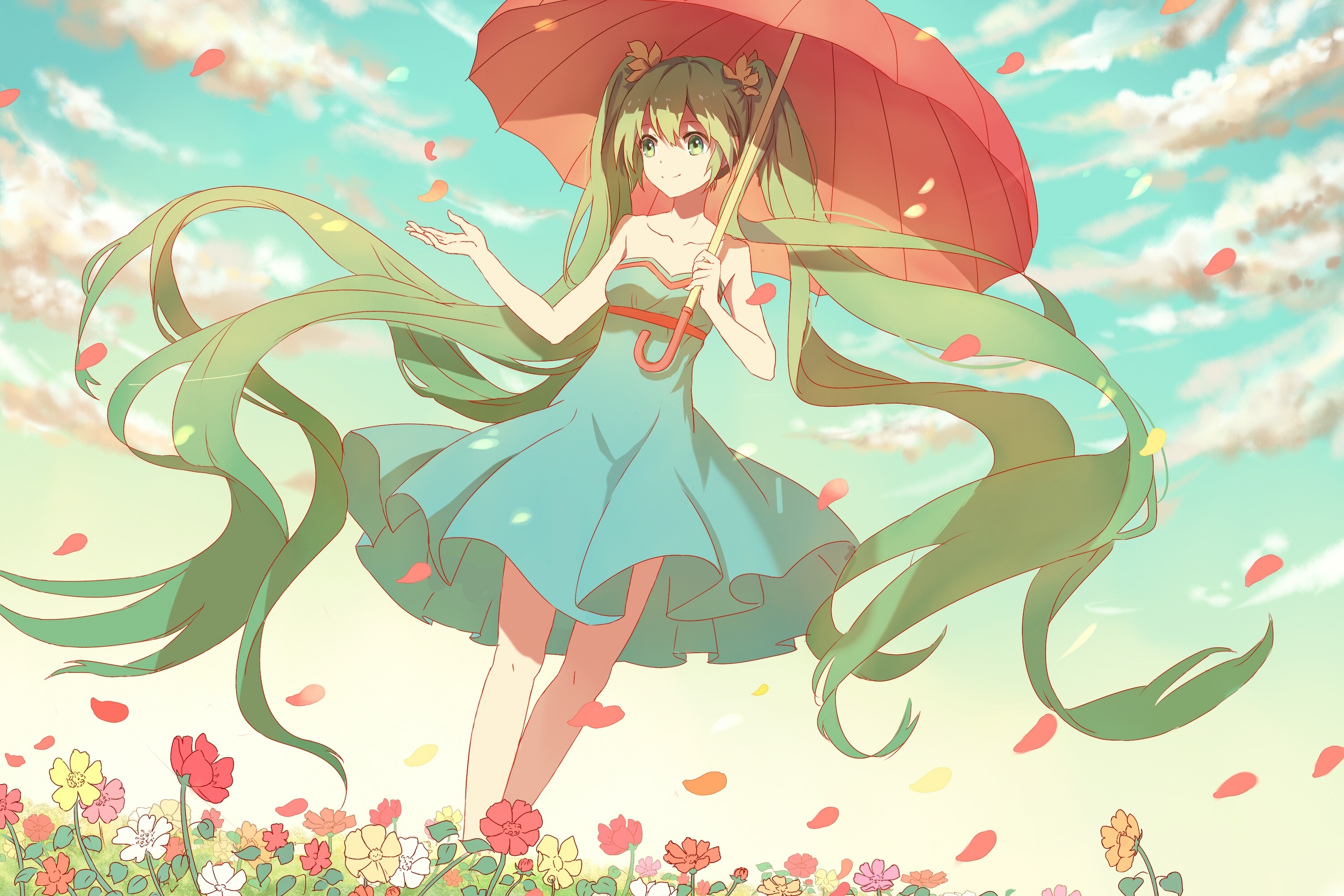 Hatsune Miku with Umbrella in a Flower Field HD Wallpaper