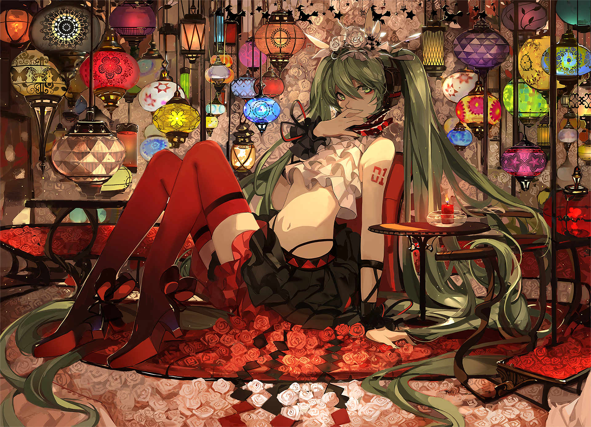 Hatsune Miku in a room with many colorful lanterns HD Wallpaper