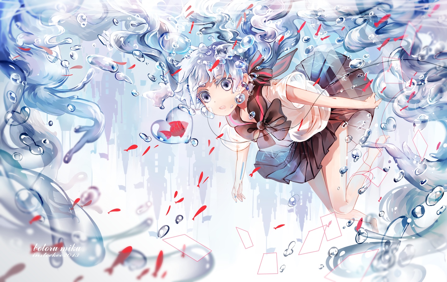 Hatsune Miku underwater with red fish and bubbles HD Wallpaper