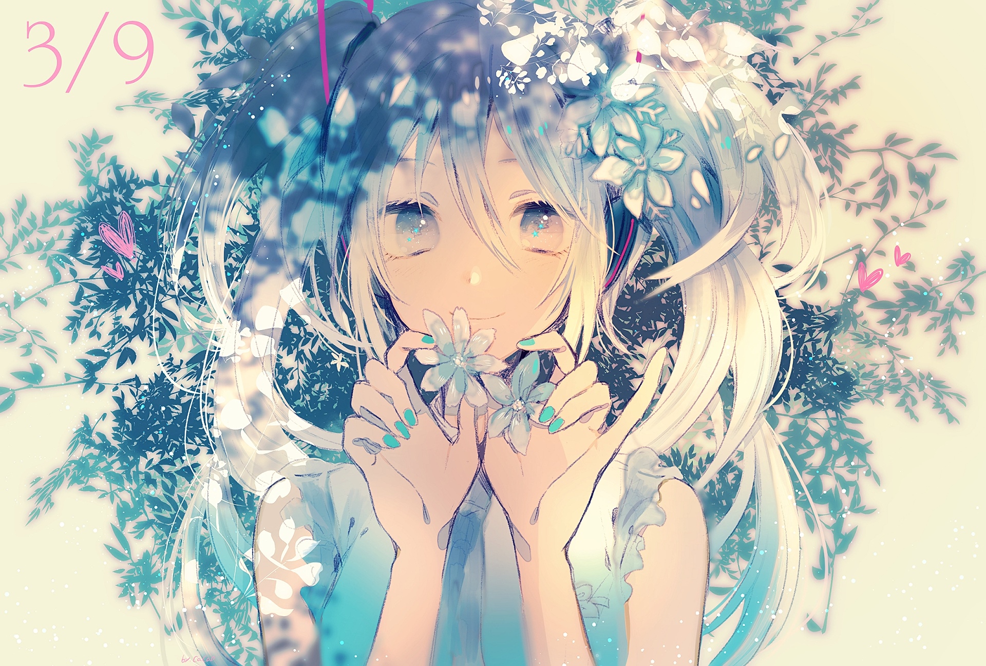Hatsune Miku with Flowers and Foliage HD Wallpaper