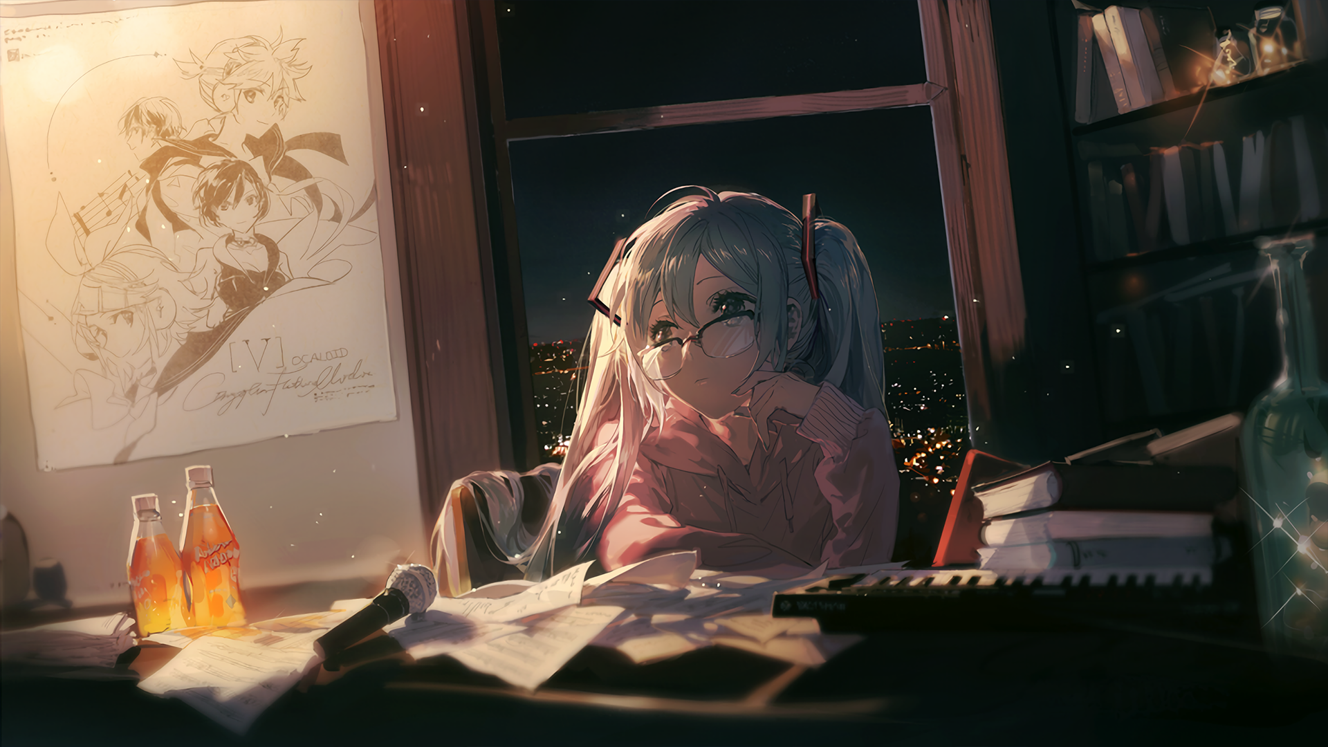 Hatsune Miku with glasses at a desk at night HD Wallpaper
