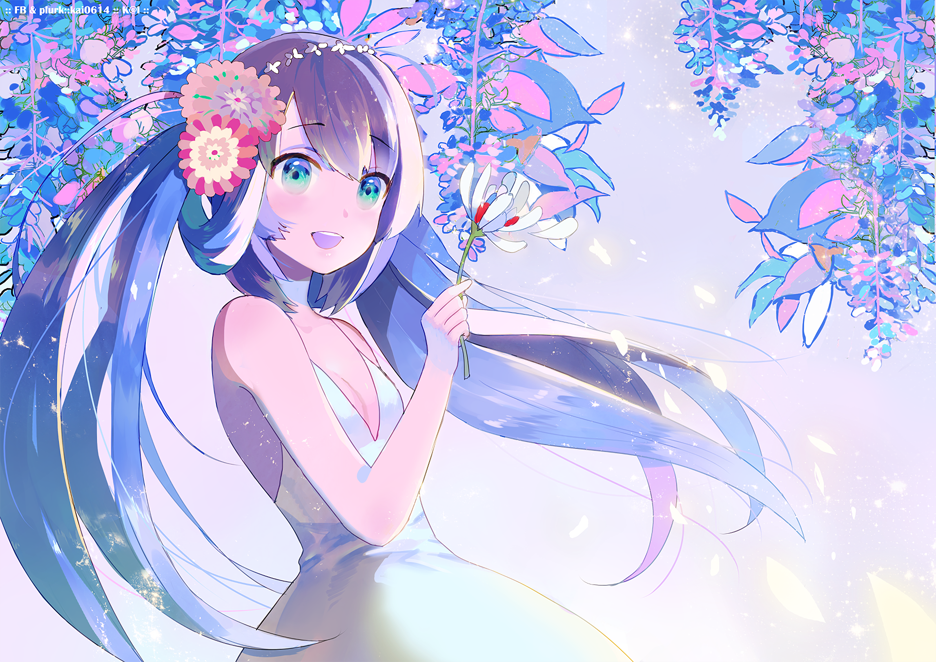 Hatsune Miku with Flowers and Wisteria HD Wallpaper