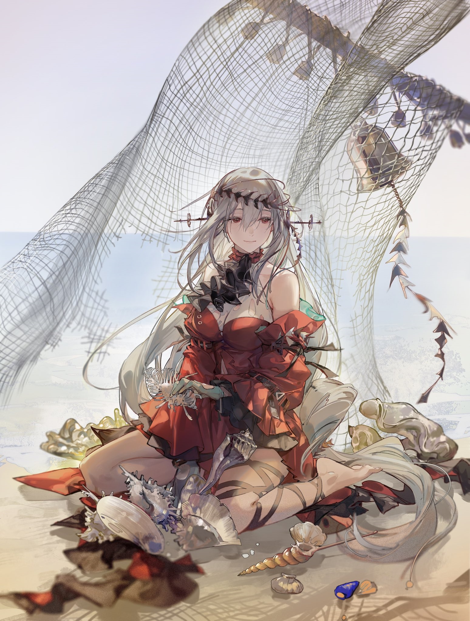 Skadi from Arknights in a red dress on the beach HD Phone Wallpaper