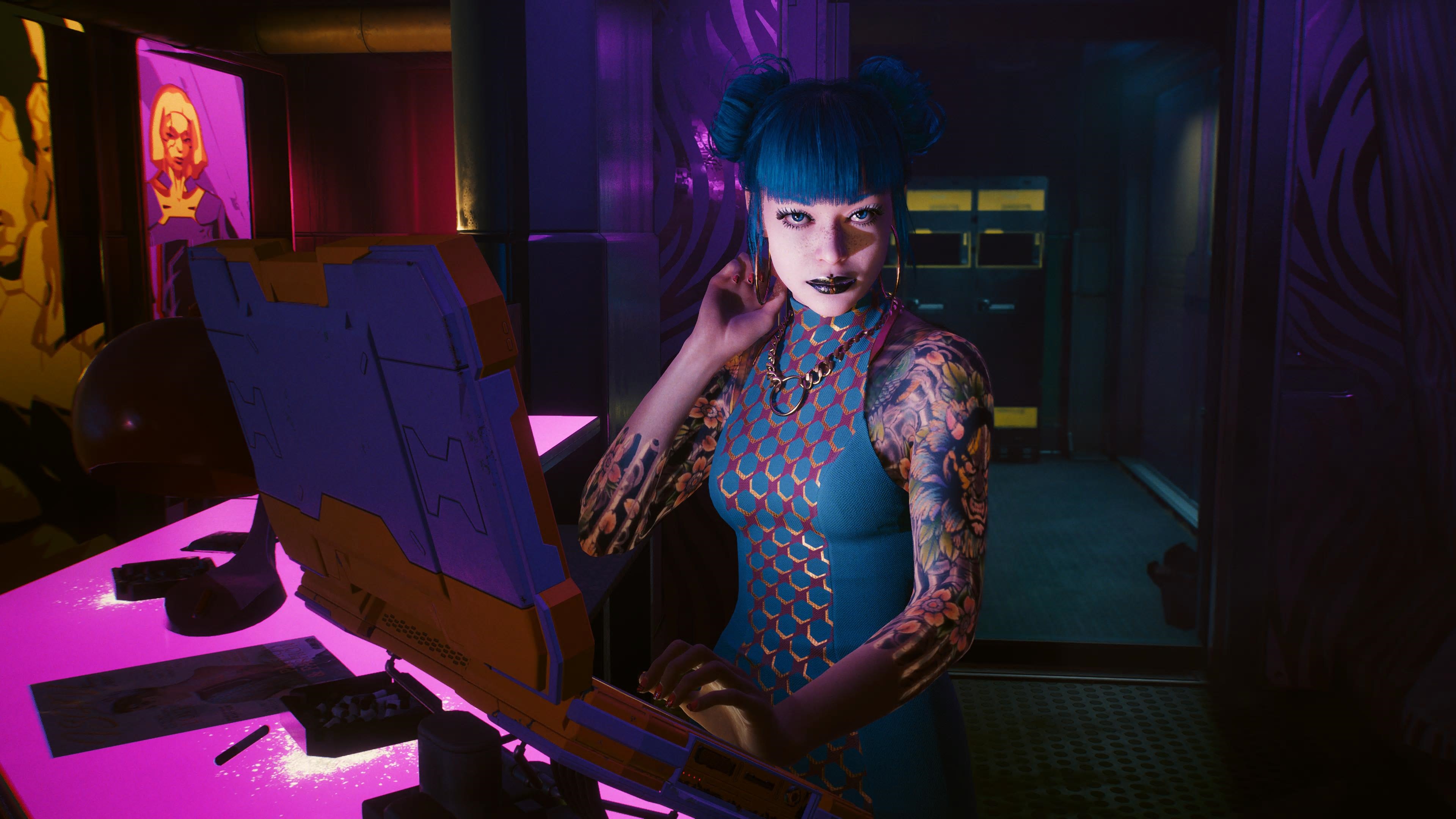 Cyberpunk 2077 woman with blue hair and tattoos HD Wallpaper