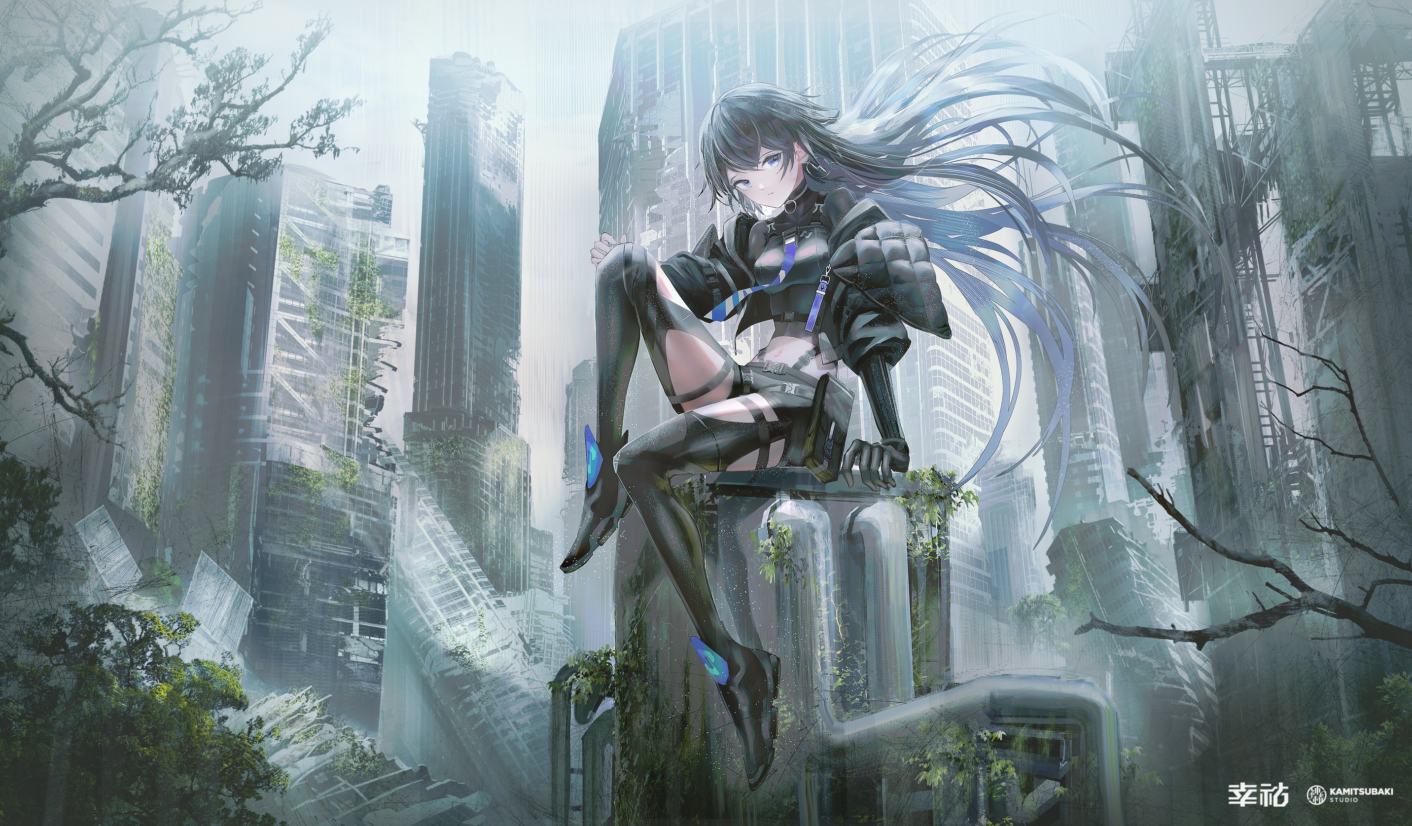 Anime girl in apocalyptic ruins HD Wallpaper