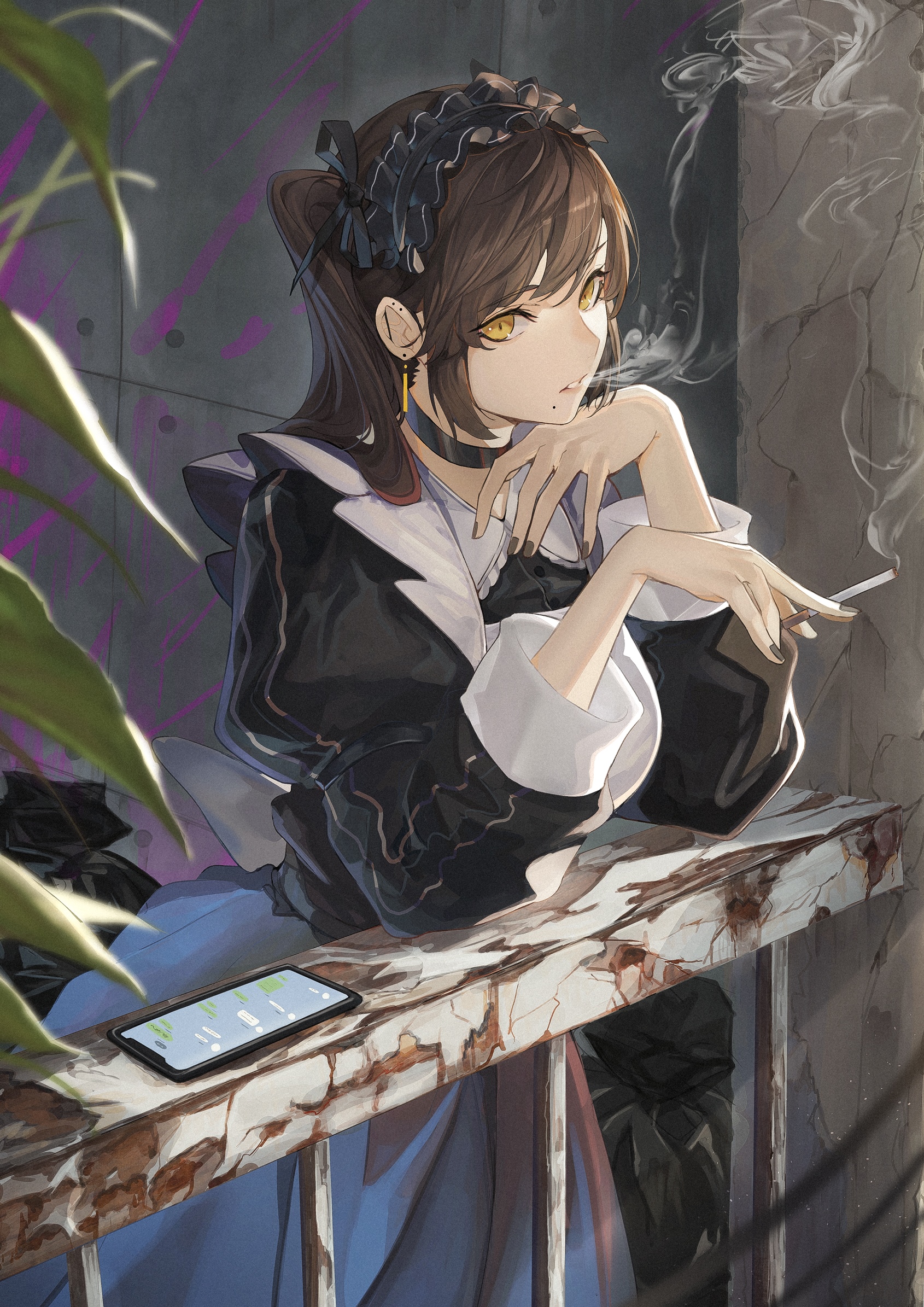 Maid smoking on a balcony with a phone HD Phone Wallpaper