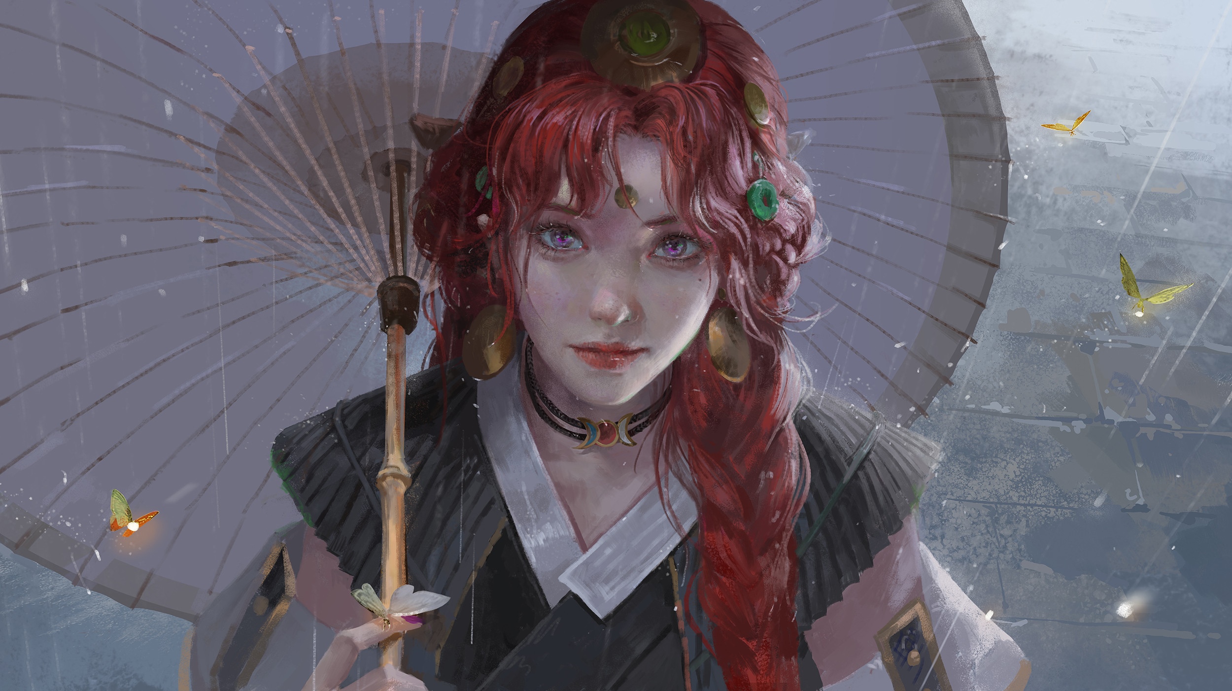 Woman with red hair holding an umbrella in the rain HD Wallpaper