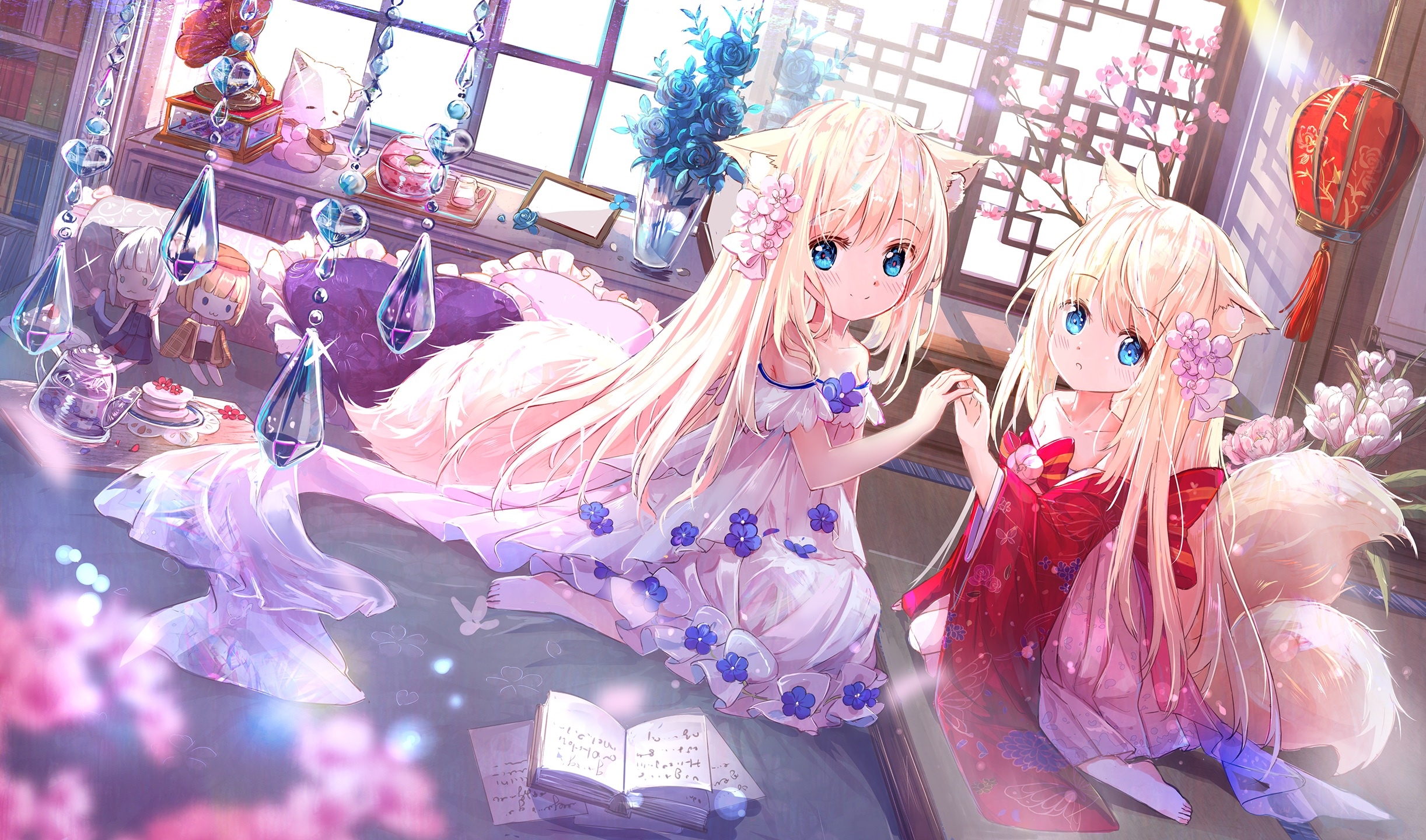 Anime girls with fox ears sitting indoors HD Wallpaper