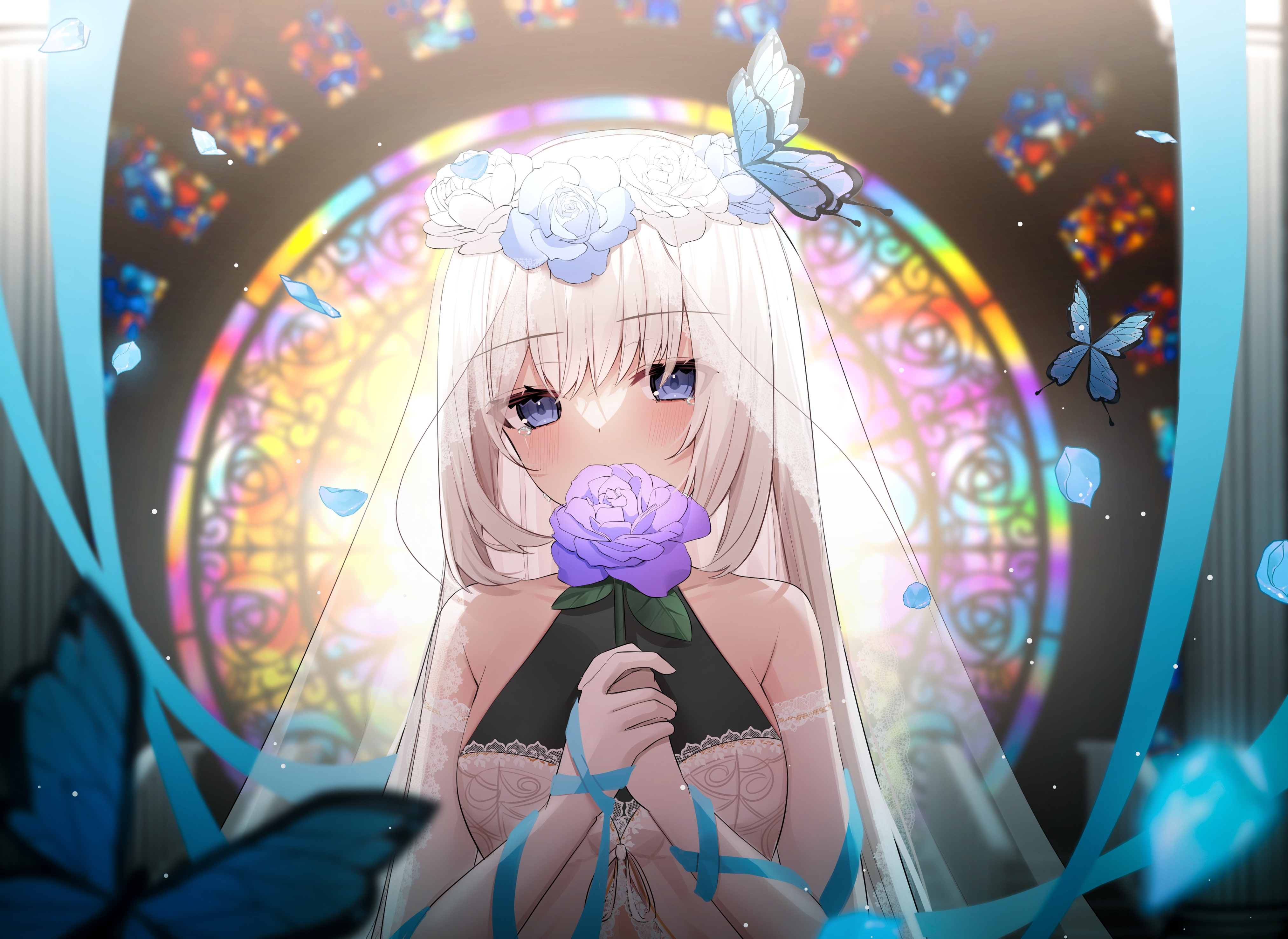 Girl in Veil Holding Purple Rose with Butterflies HD Wallpaper