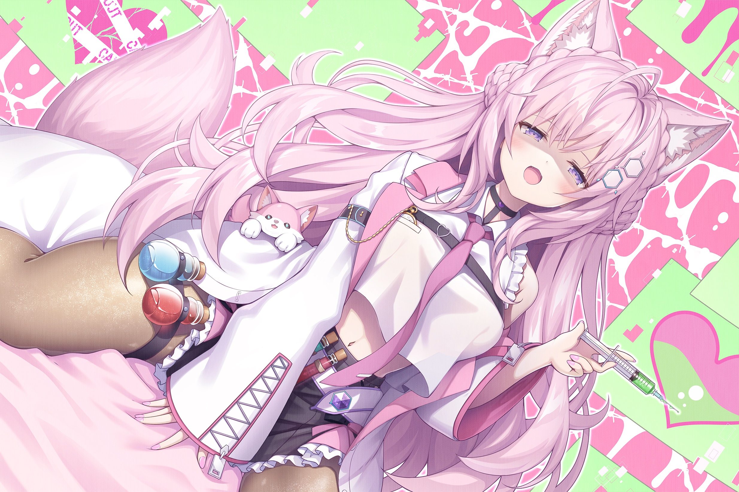 Anime girl with pink hair and fox ears holding syringe HD Wallpaper