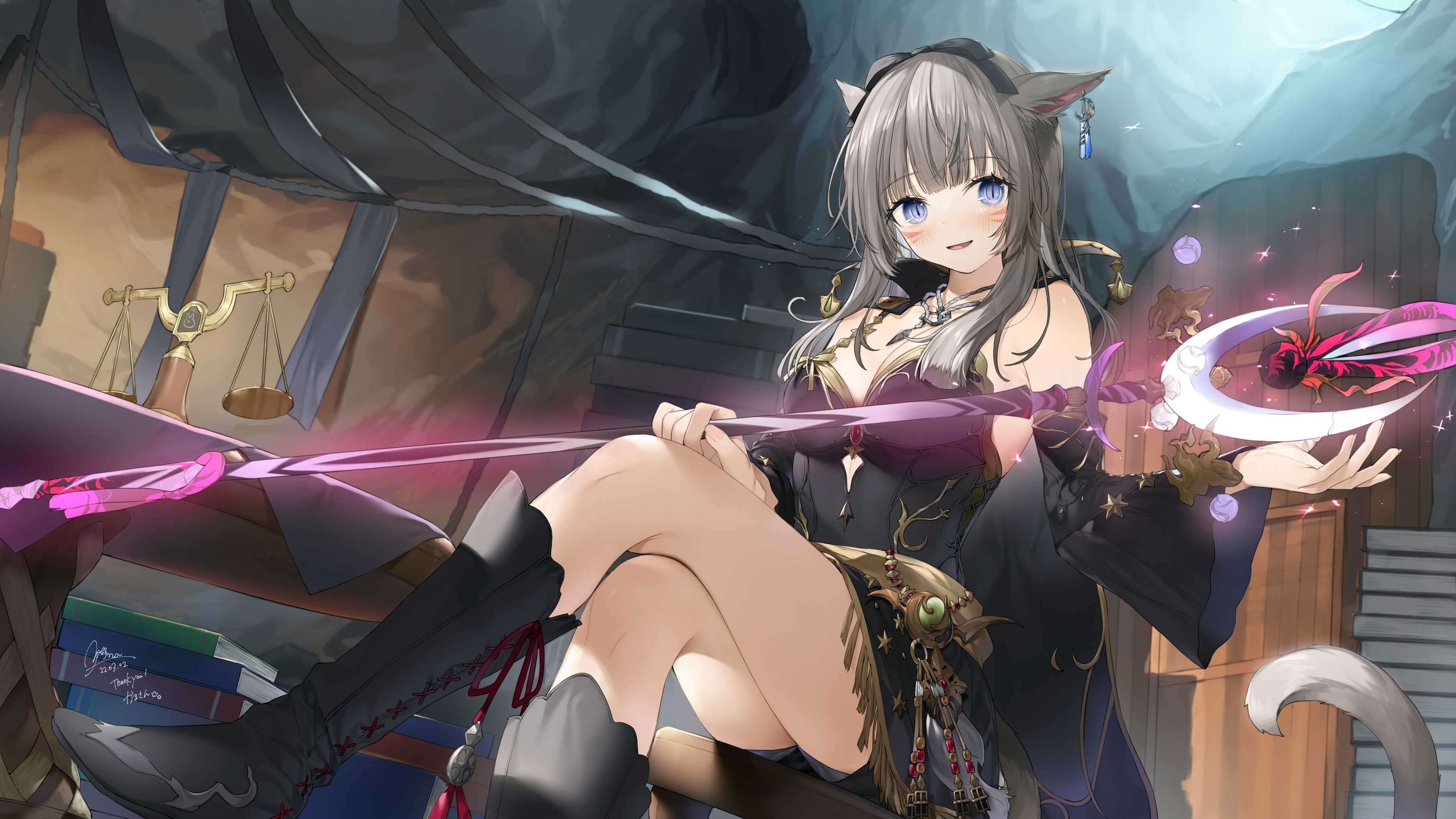 Anime girl with cat ears holding a magical staff HD Wallpaper