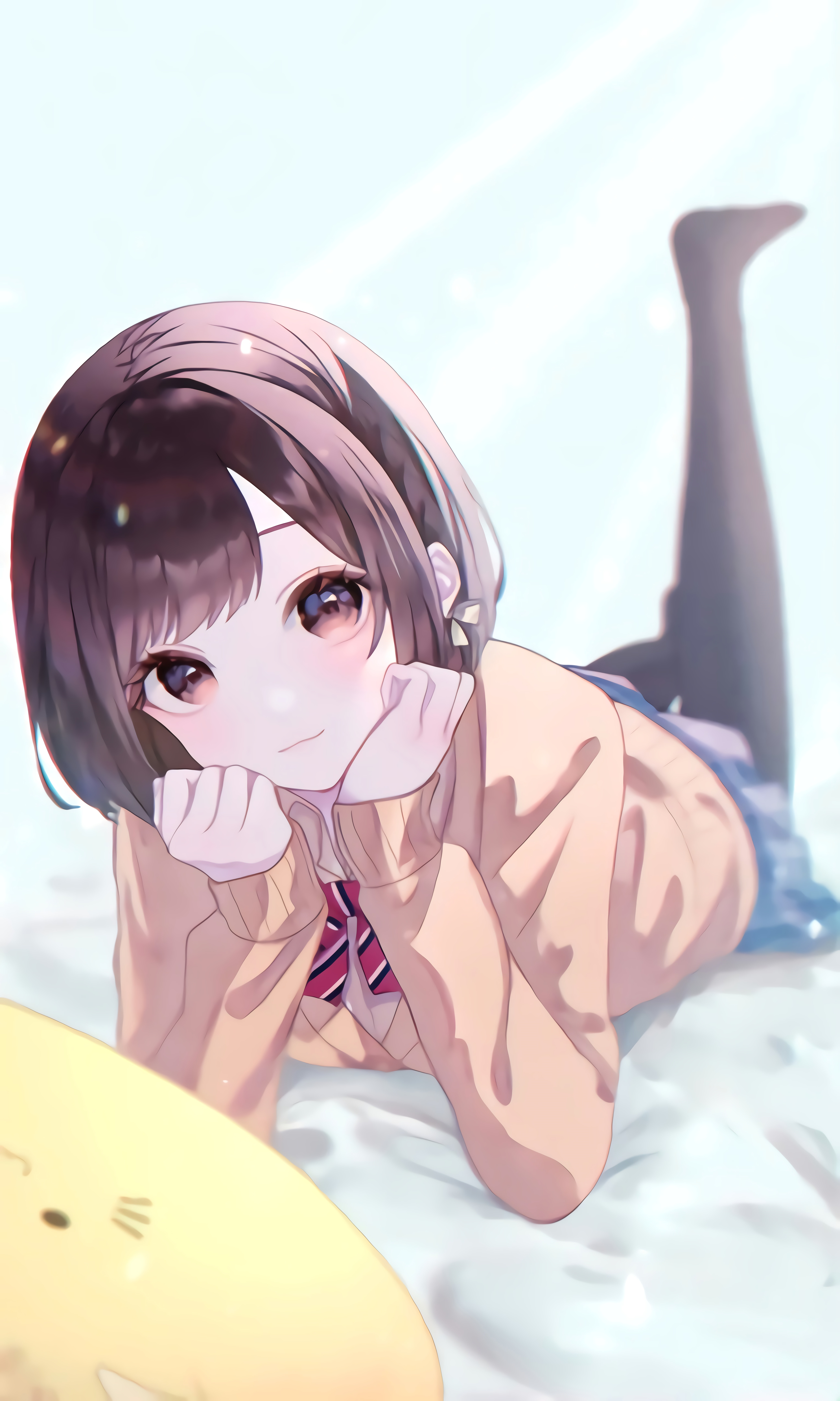 school uniform in bed brown eyes brunette HD Phone Wallpaper